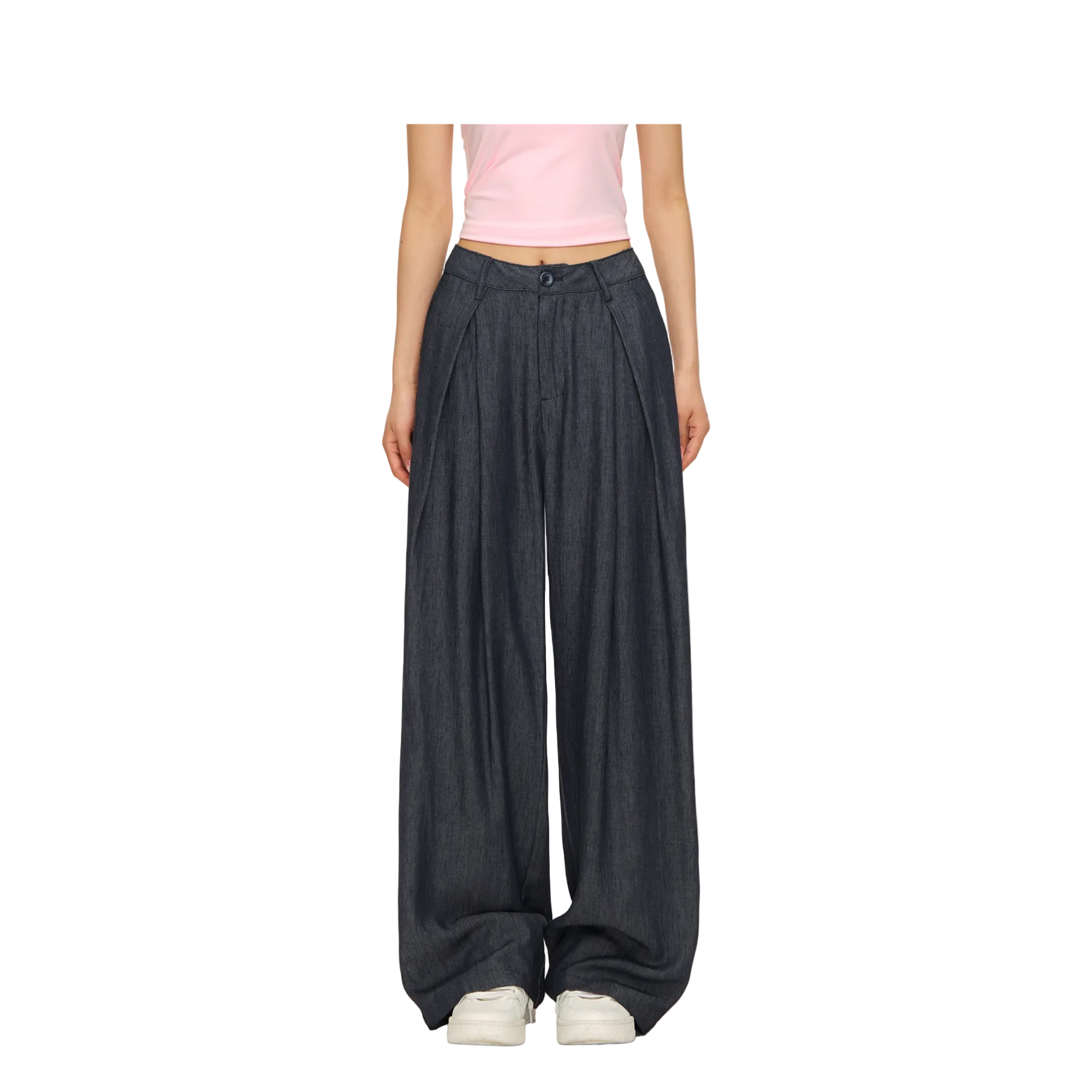 Denim Blue Lyocell Pleated Wide-Leg Pants