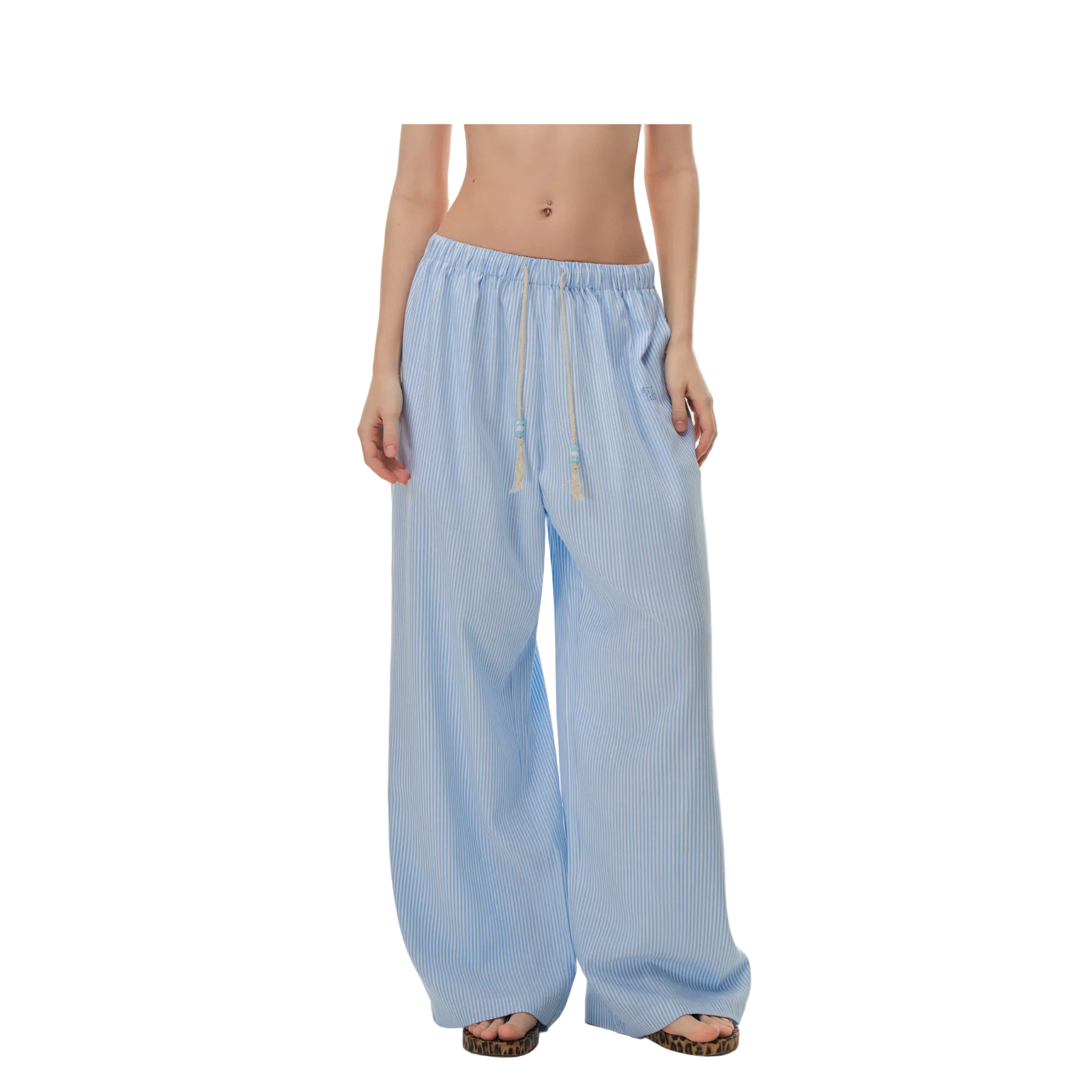 Blue Beaded Striped Casual Pants
