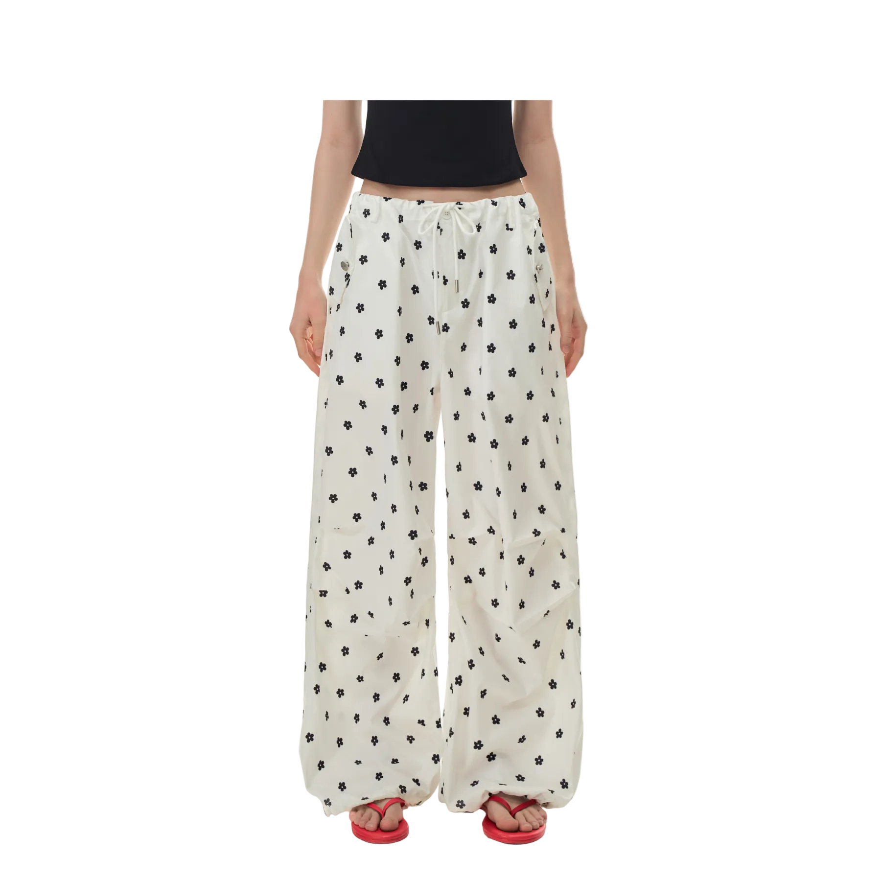 White Printed Double Pleated Drawstring Airy Trousers