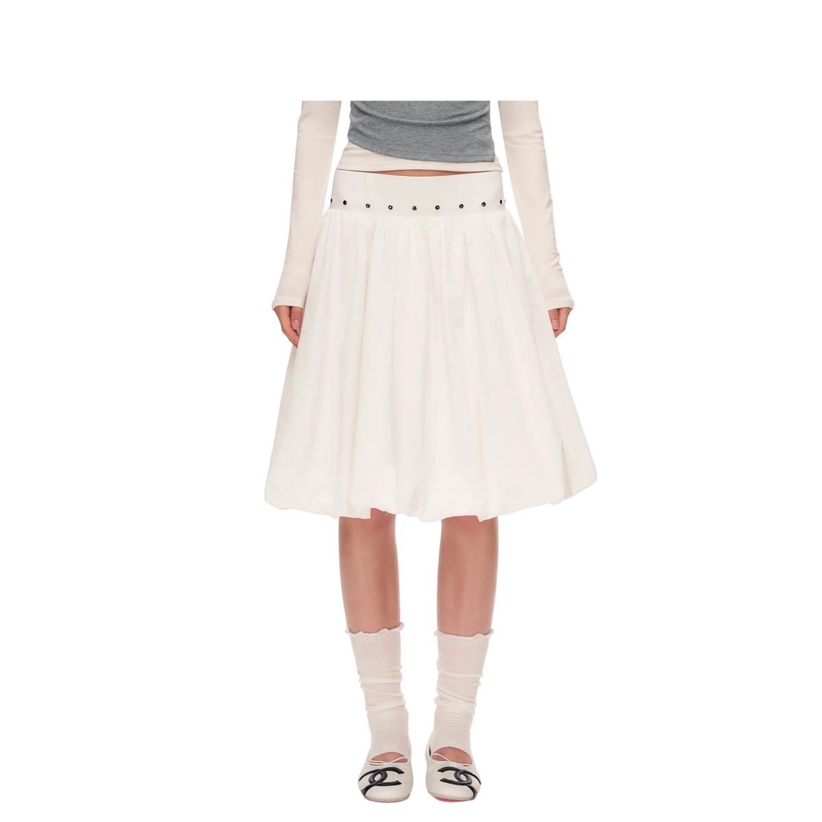White Wide-Waisted Studded Puffy Midi Skirt