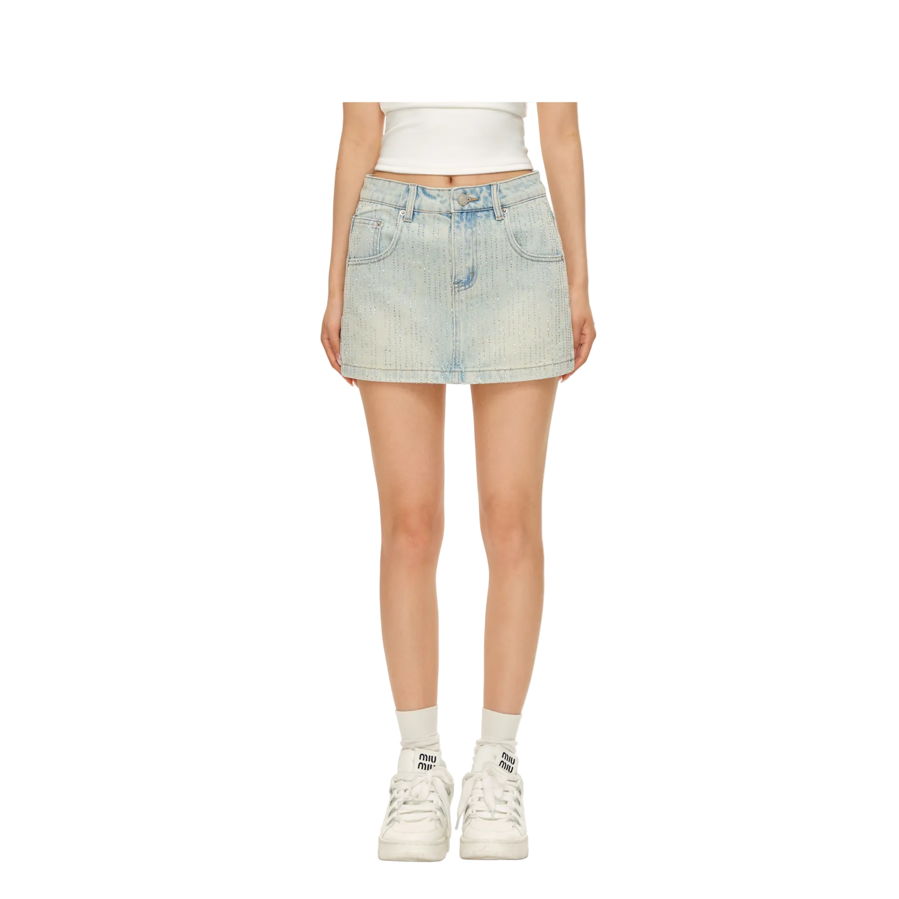 Blue Rhinestone-Studded Denim Mini Skirt