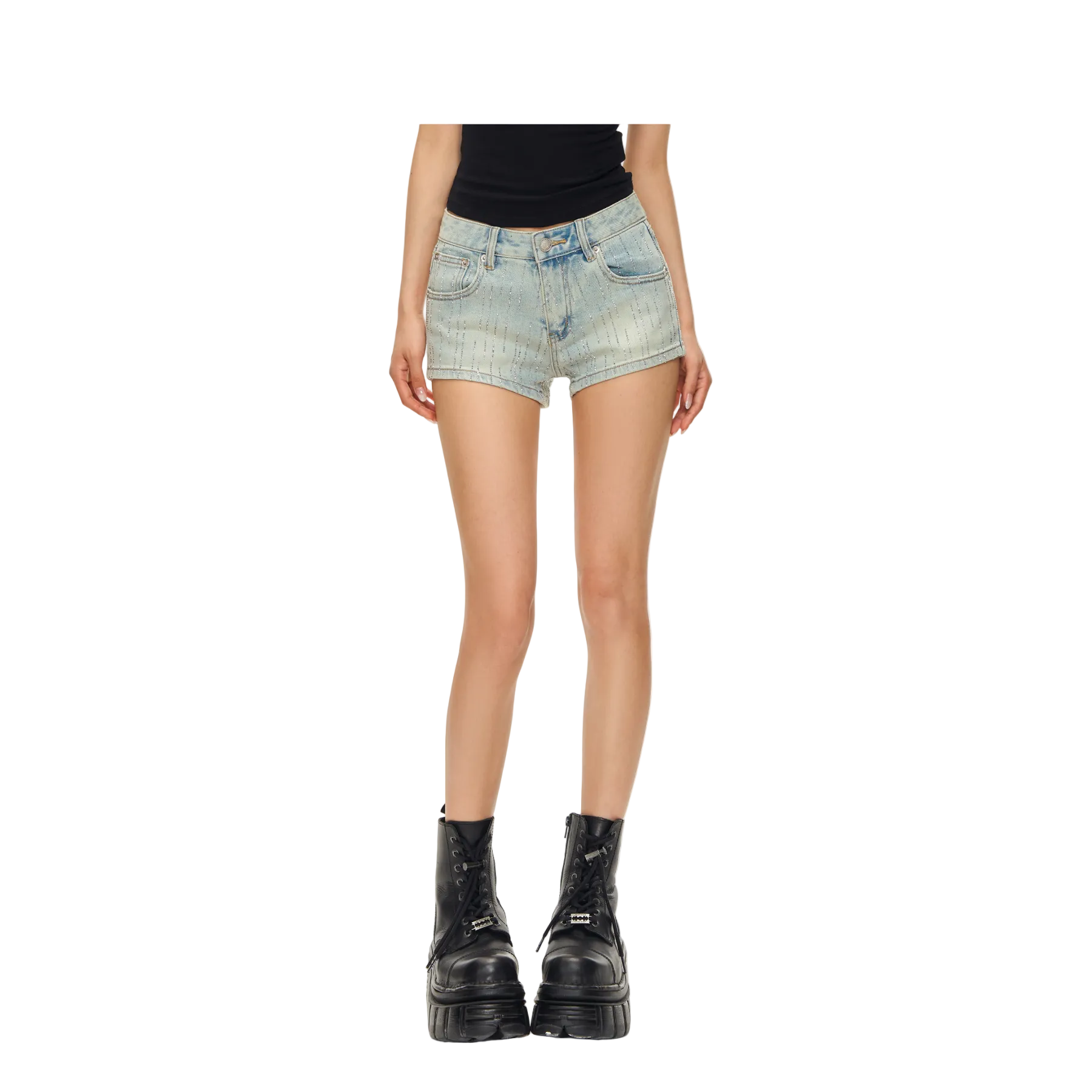 Blue Rhinestone-Studded Starry Washed Denim Shorts