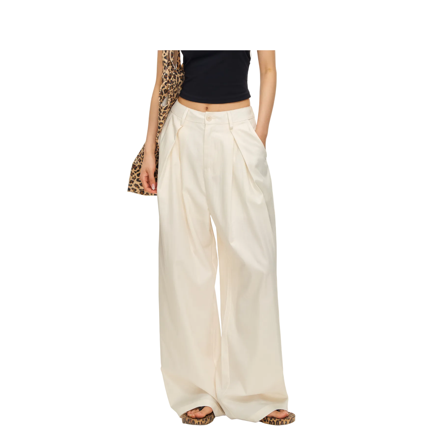 Beige Lyocell Pleated Wide-Leg Pants