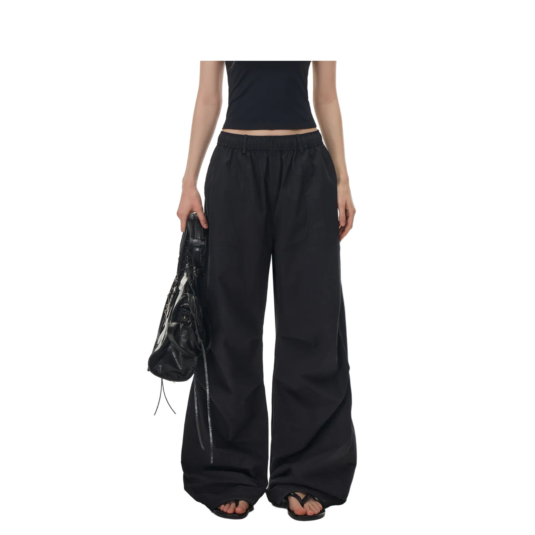 Black Pleated Straight-Leg Paratrooper Pants