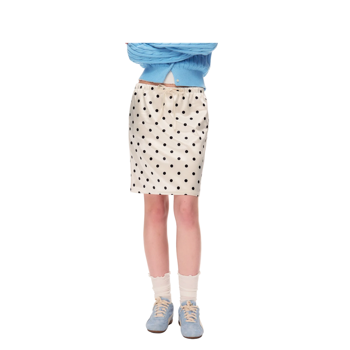 Beige Satin Retro Polka Dot Midi Skirt