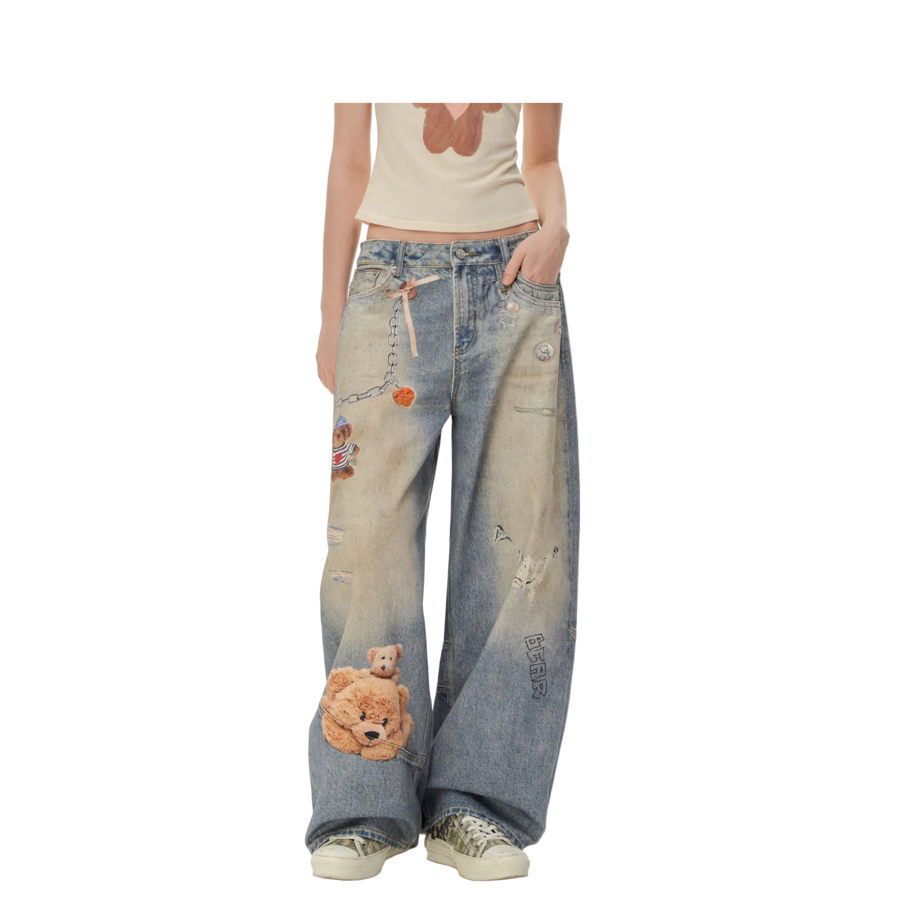 Blue Bear Print Retro Jeans