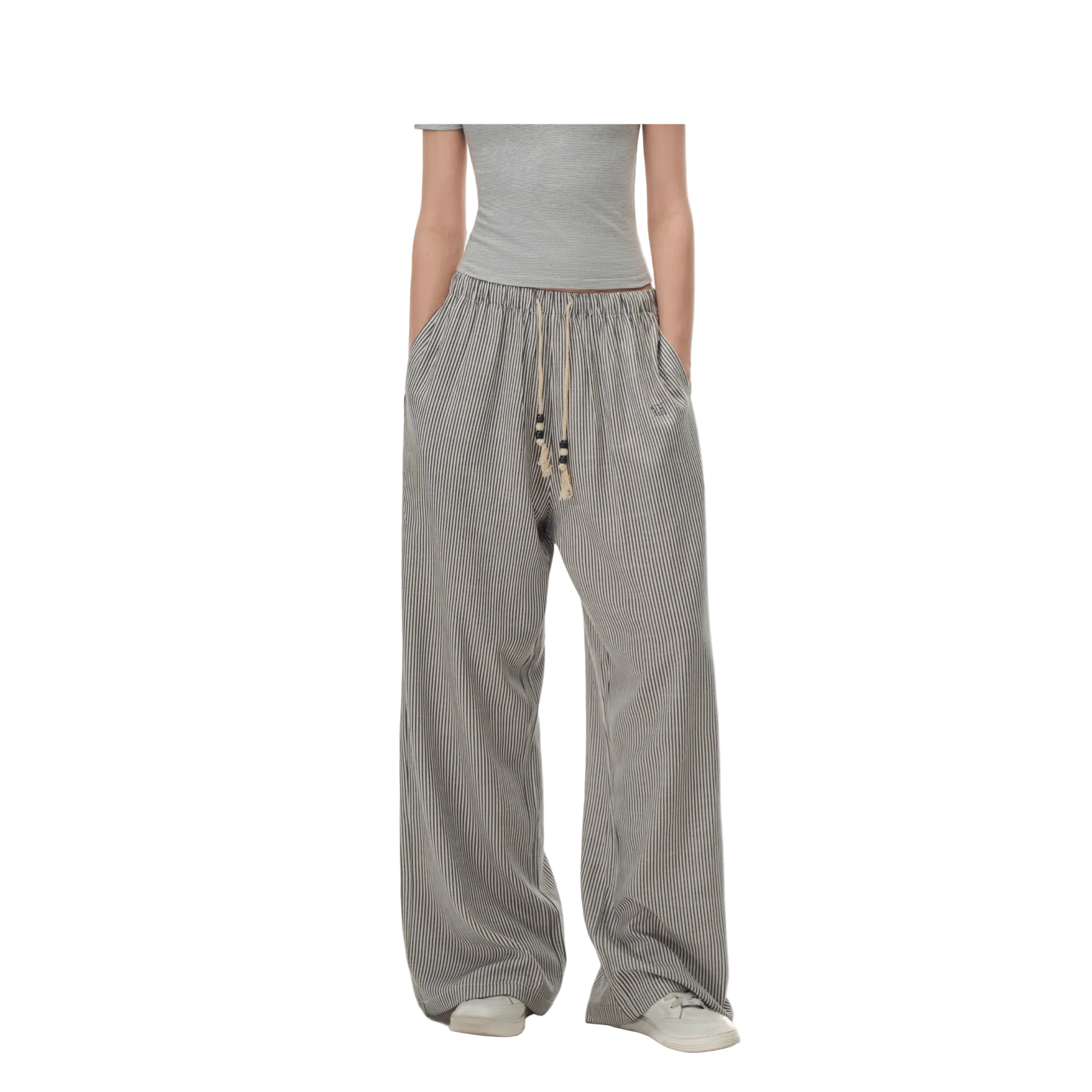 Grey Beaded Striped Casual Pants