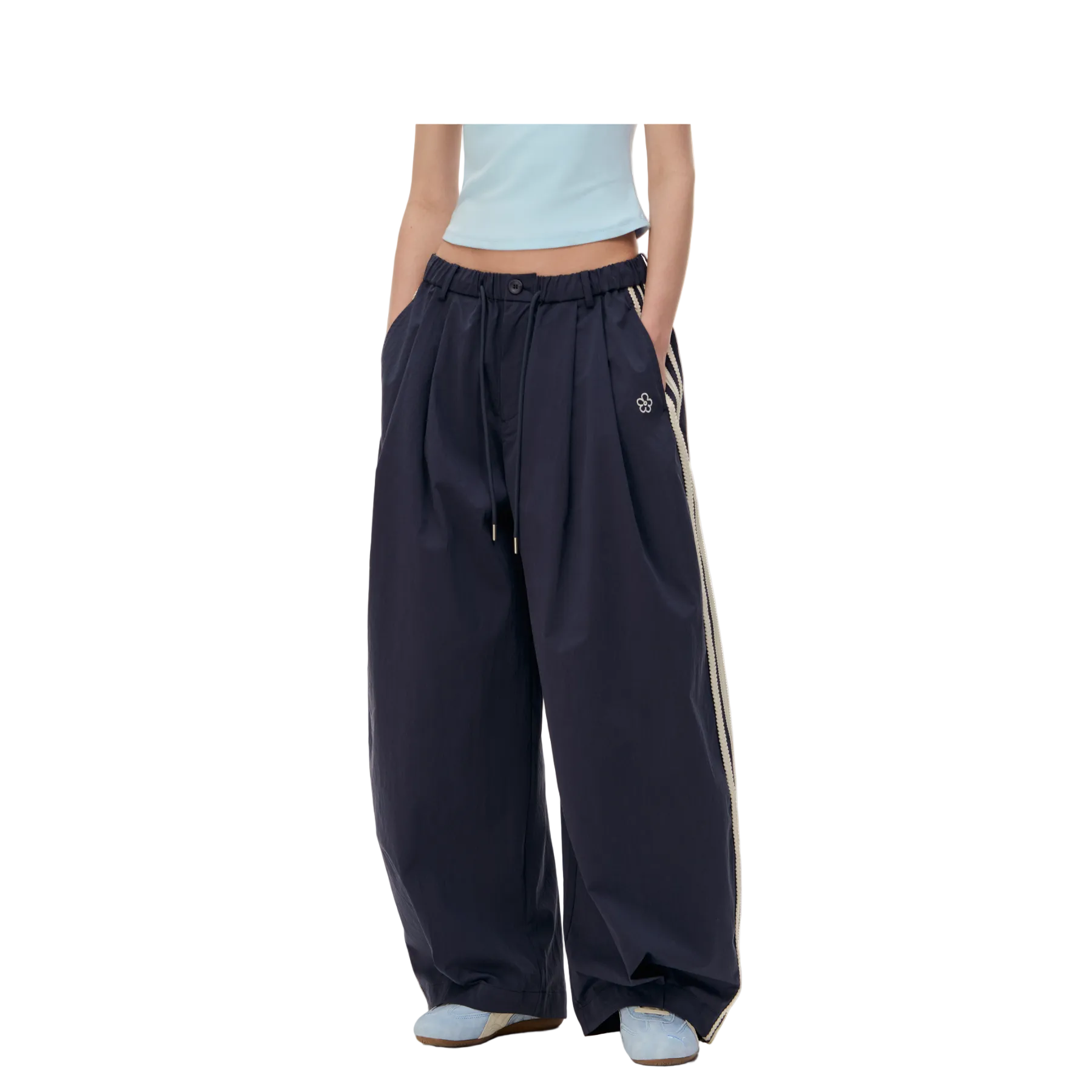 Navy Blue Floral Embroidered Side Striped Wide-Leg Pants