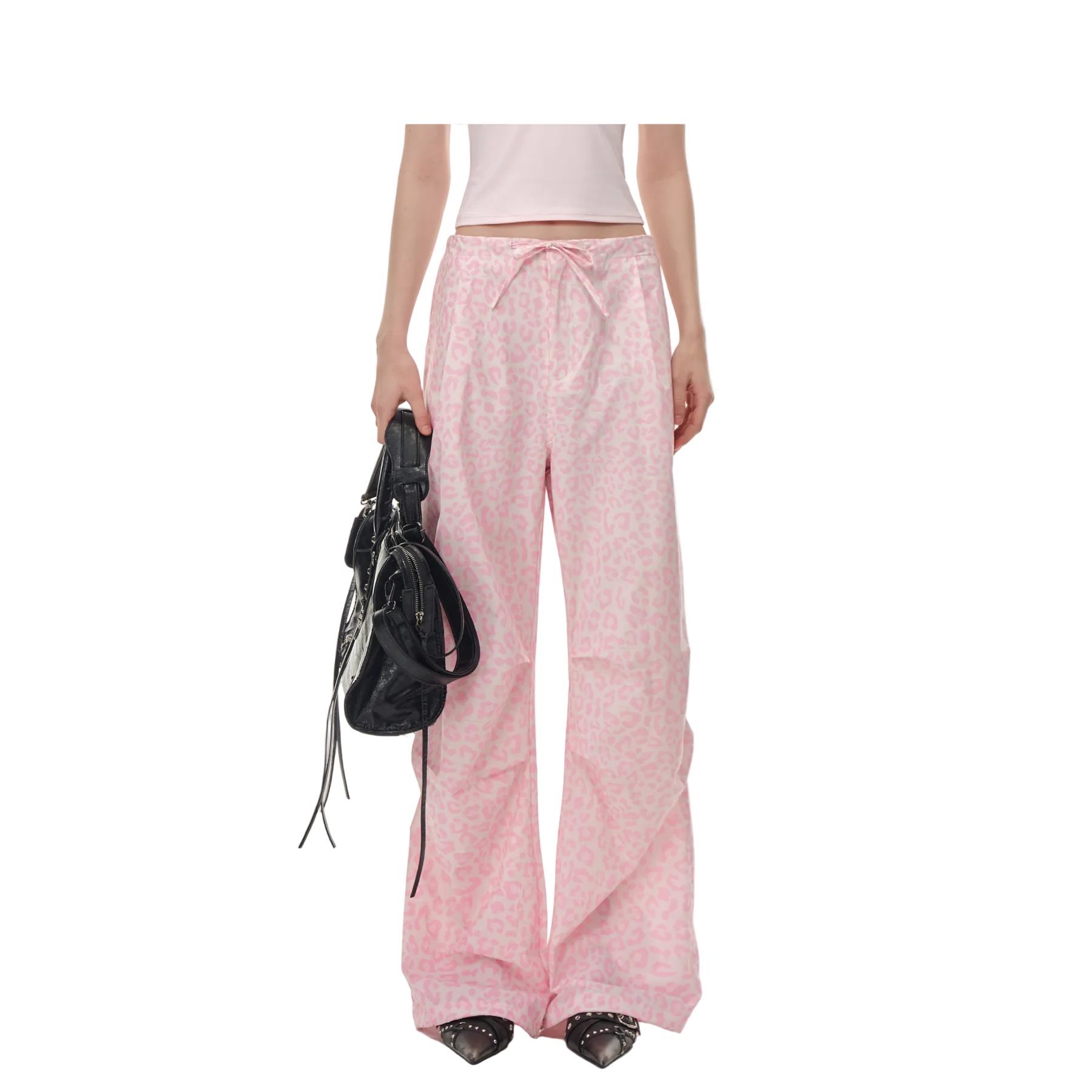 Pink Leopard Print Drawstring Pleated Straight-leg Paratrooper Pants