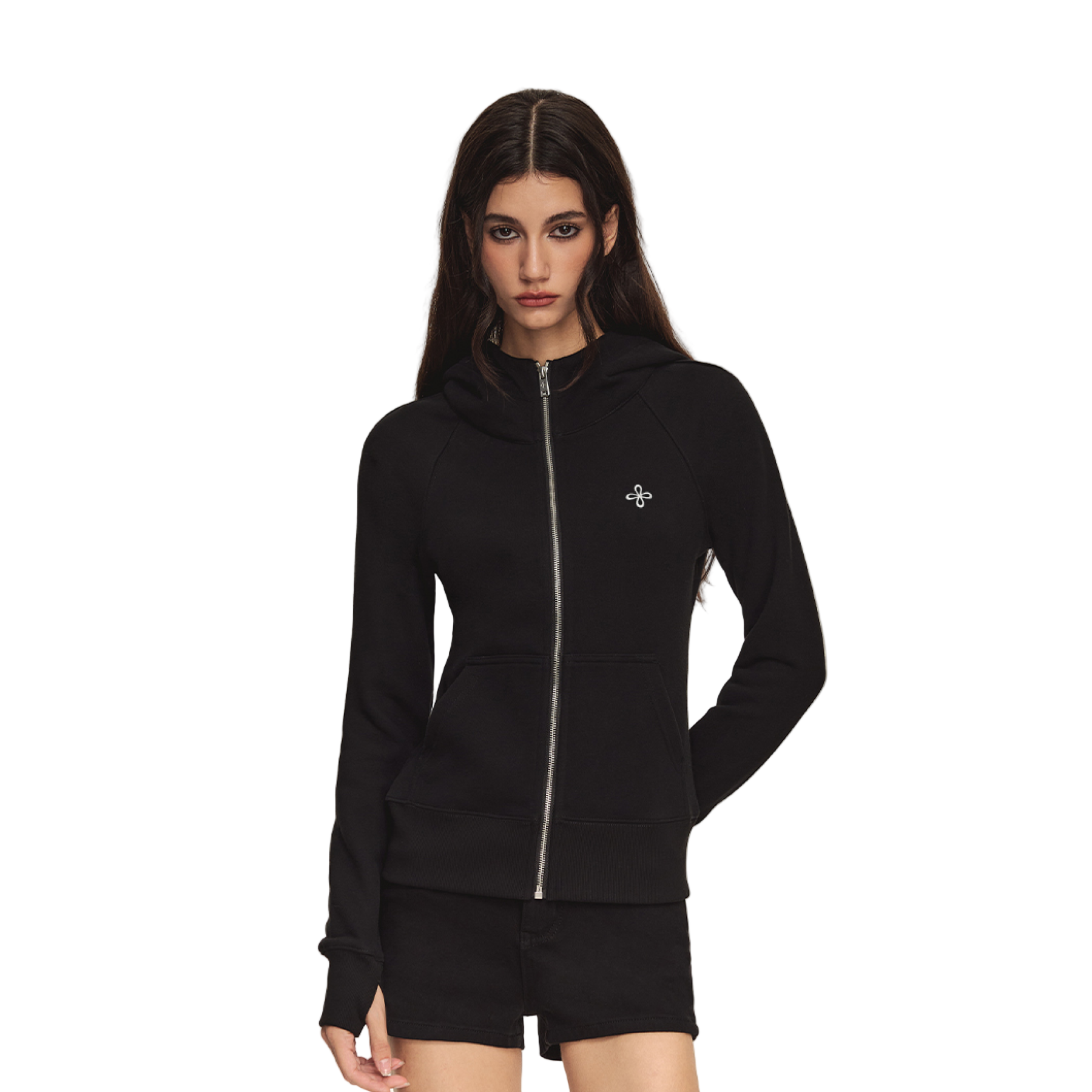 Black Knitted Turtleneck Zip-Up Fleece-Lined Hooded Sweatshirt