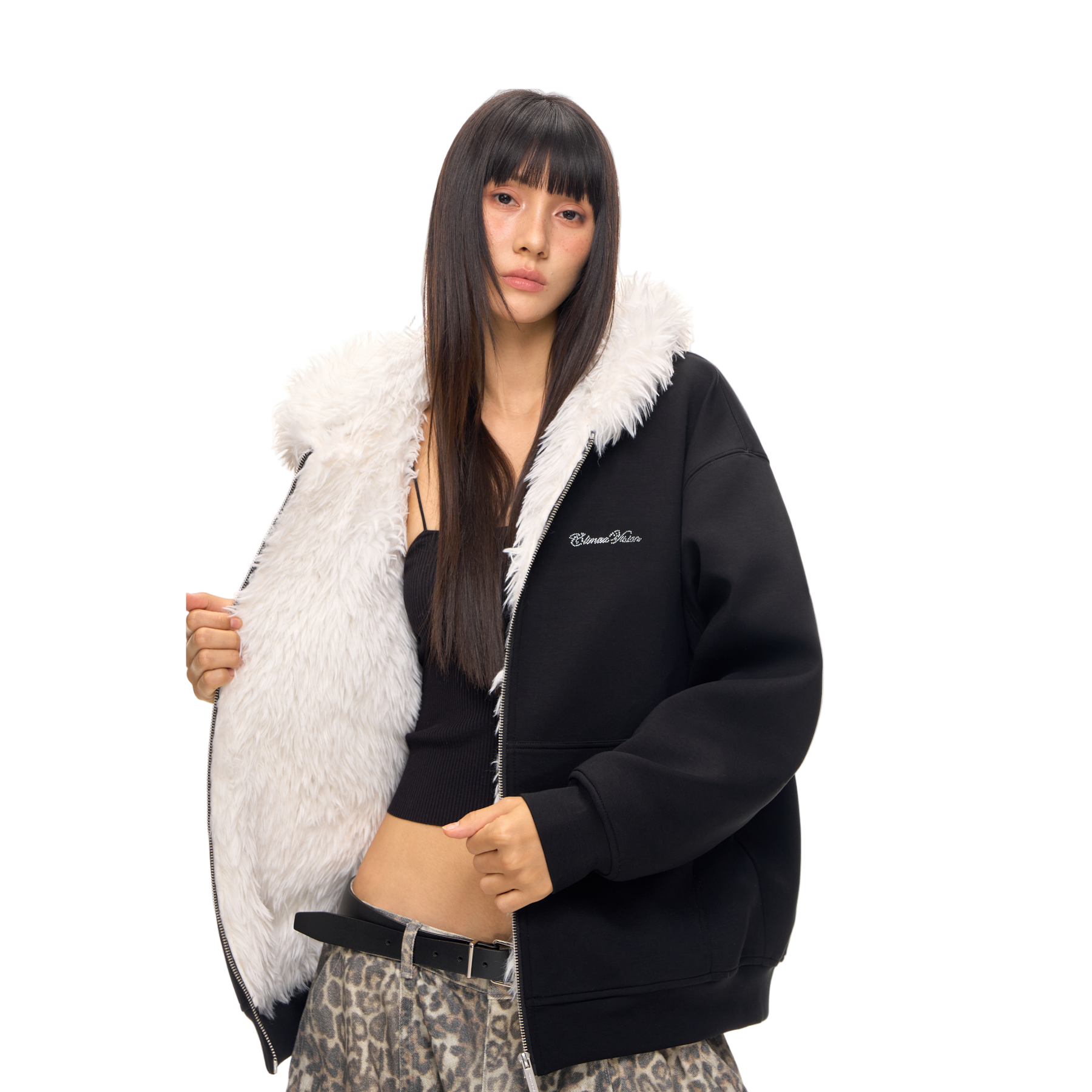 Black Warm Rhinestone Logo Faux Fur Collar Hooded Jacket
