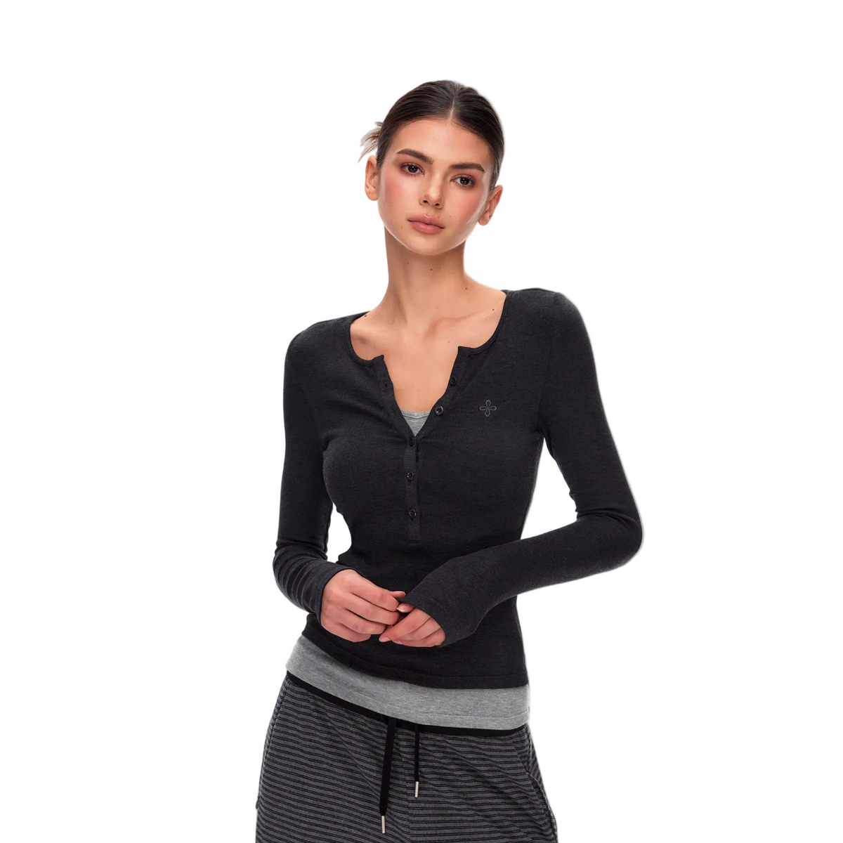 Dark Grey Cross Henley Faux Two-Piece Long-Sleeve T-Shirt