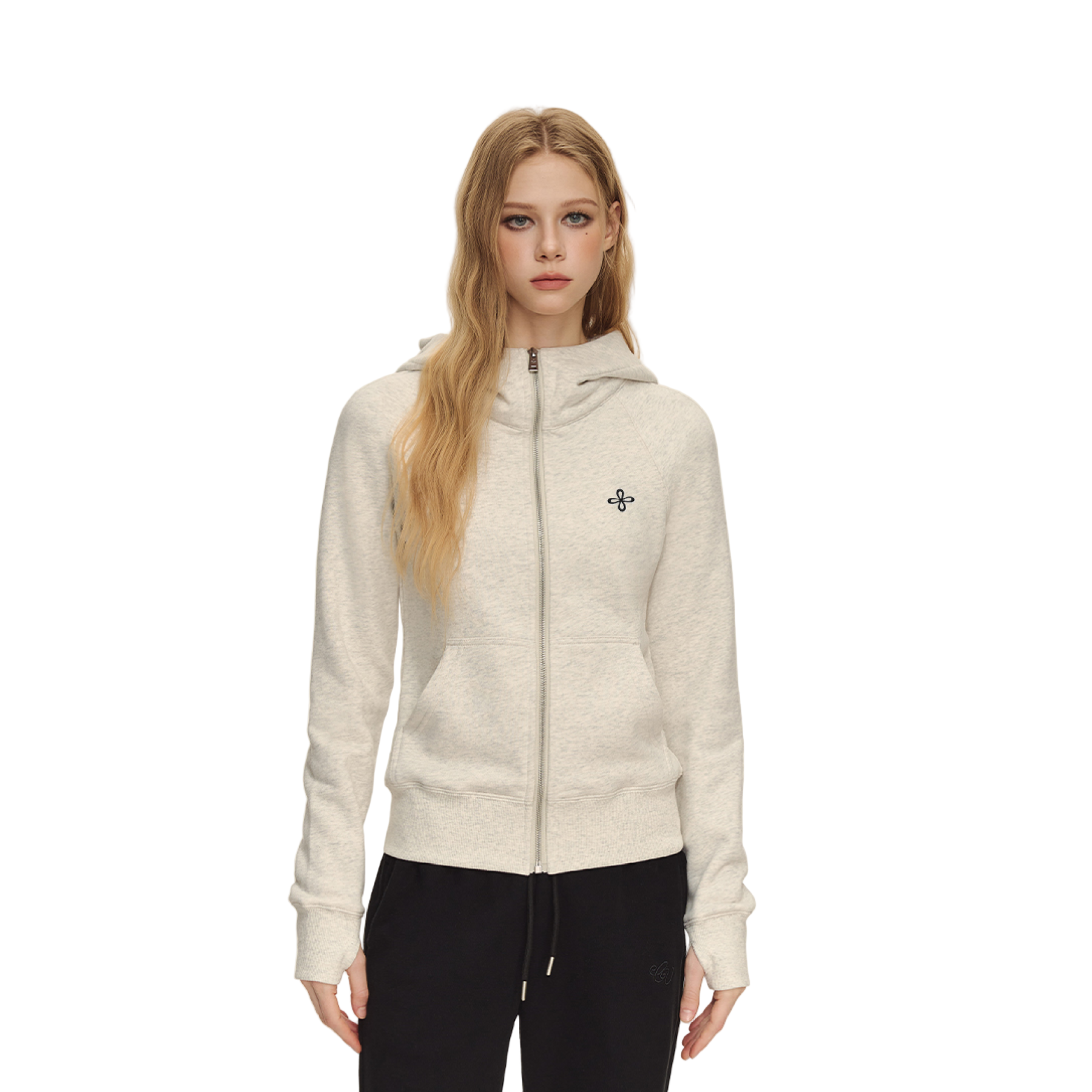 Oatmeal Knitted Turtleneck Zip-up Fleece-lined Hooded Sweatshirt