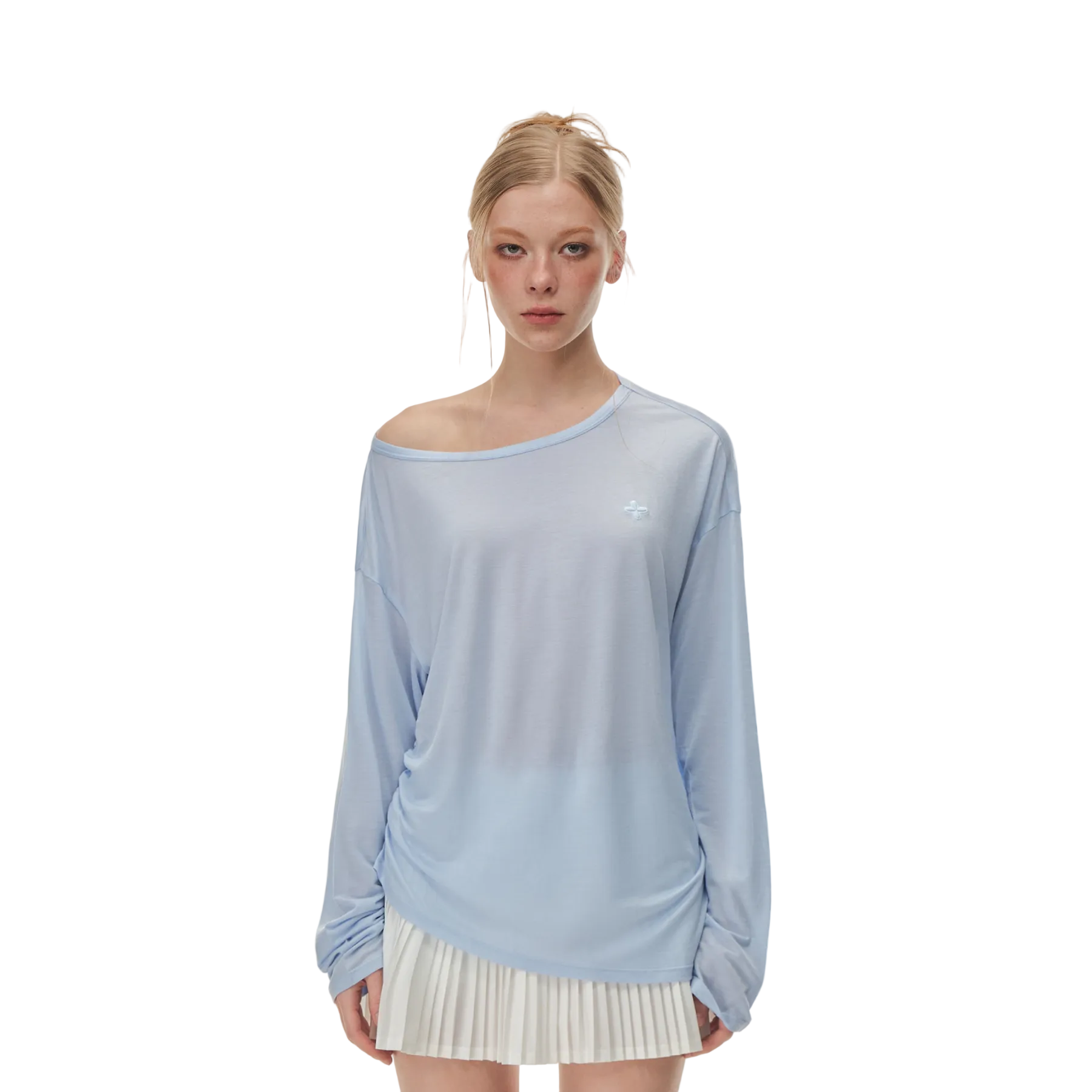 Blue Cross Flower Ruffled Off-Shoulder Long Sleeve