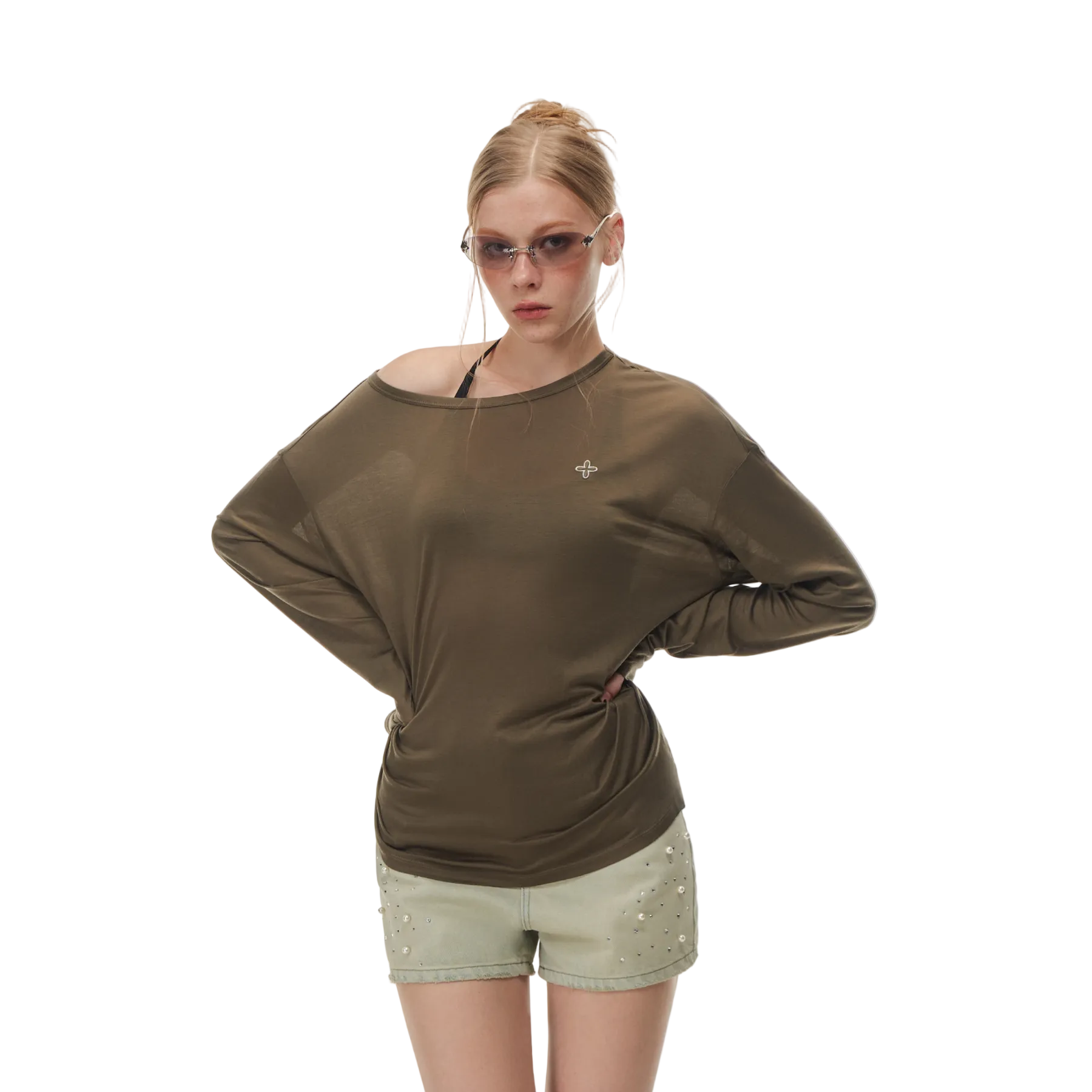 Green Cross Flower Ruffled Off-Shoulder Long Sleeve
