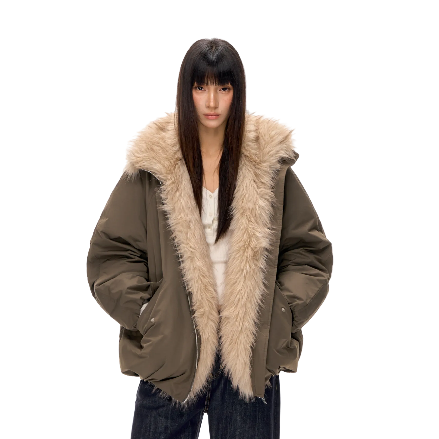 Green Eco-friendly Fur Collar Windproof and Warm Down Parka