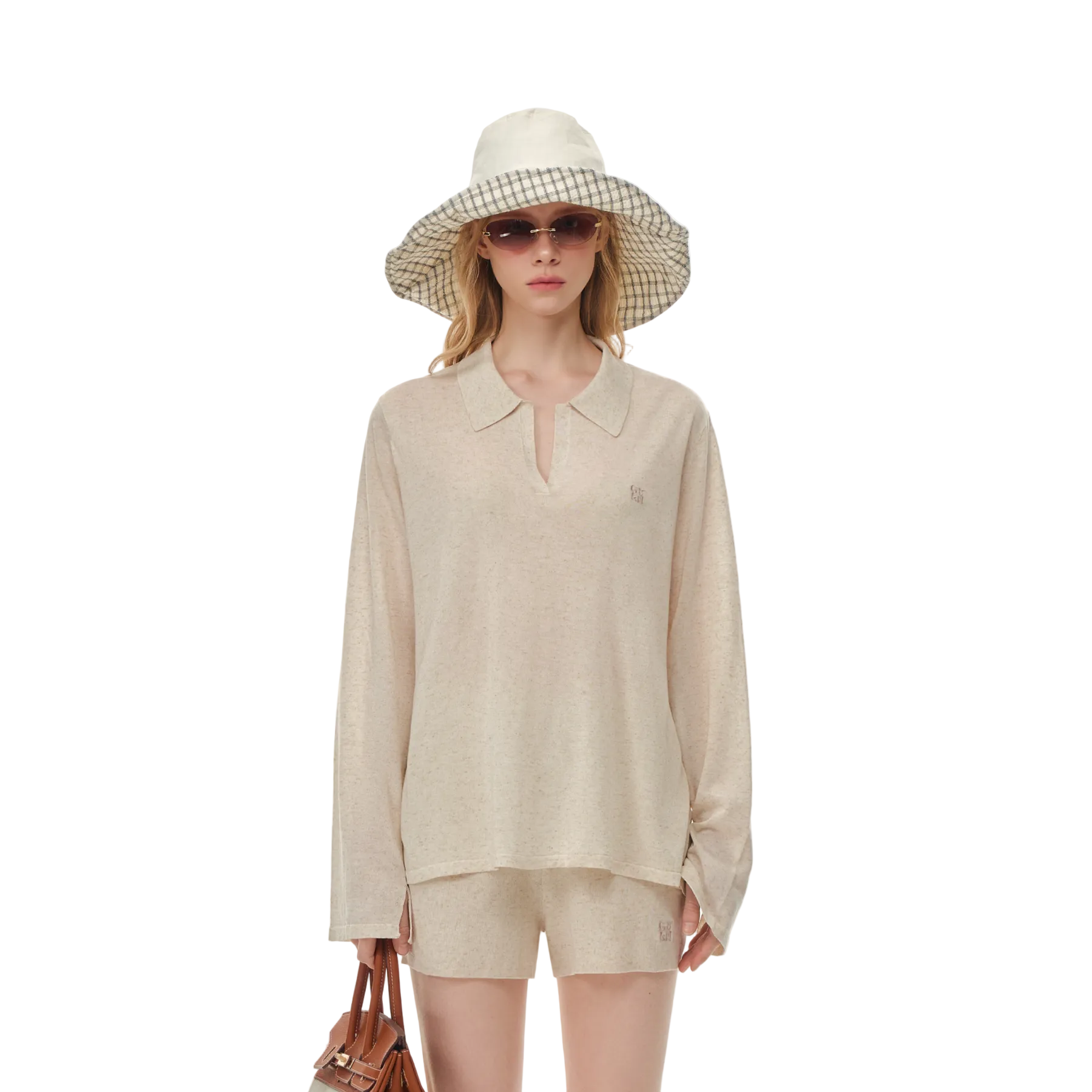 Oatmeal-colored Tencel Linen Cool Polo Long Sleeve