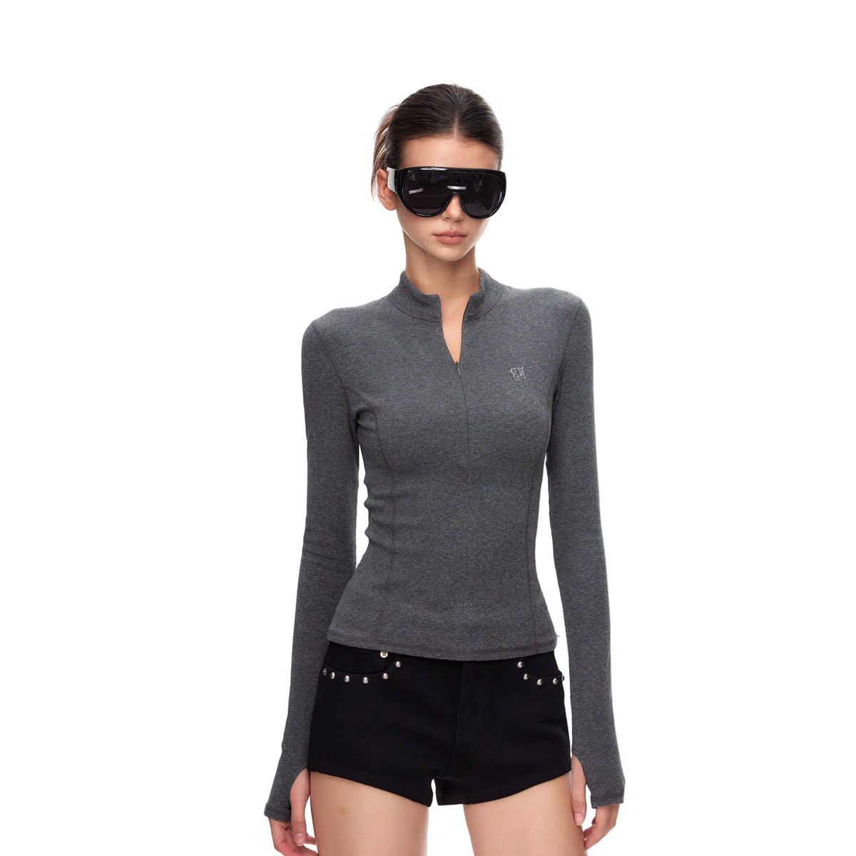 Grey Stand Collar Slim Fit Base Layer Long Sleeve 