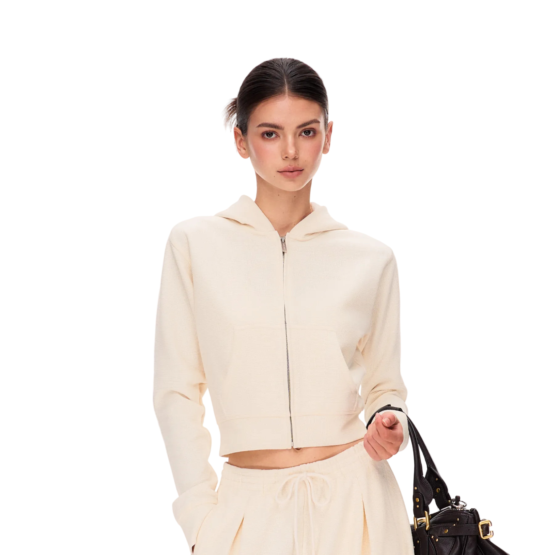 Beige Lazy Waffle Knit Set Short Hoodie 