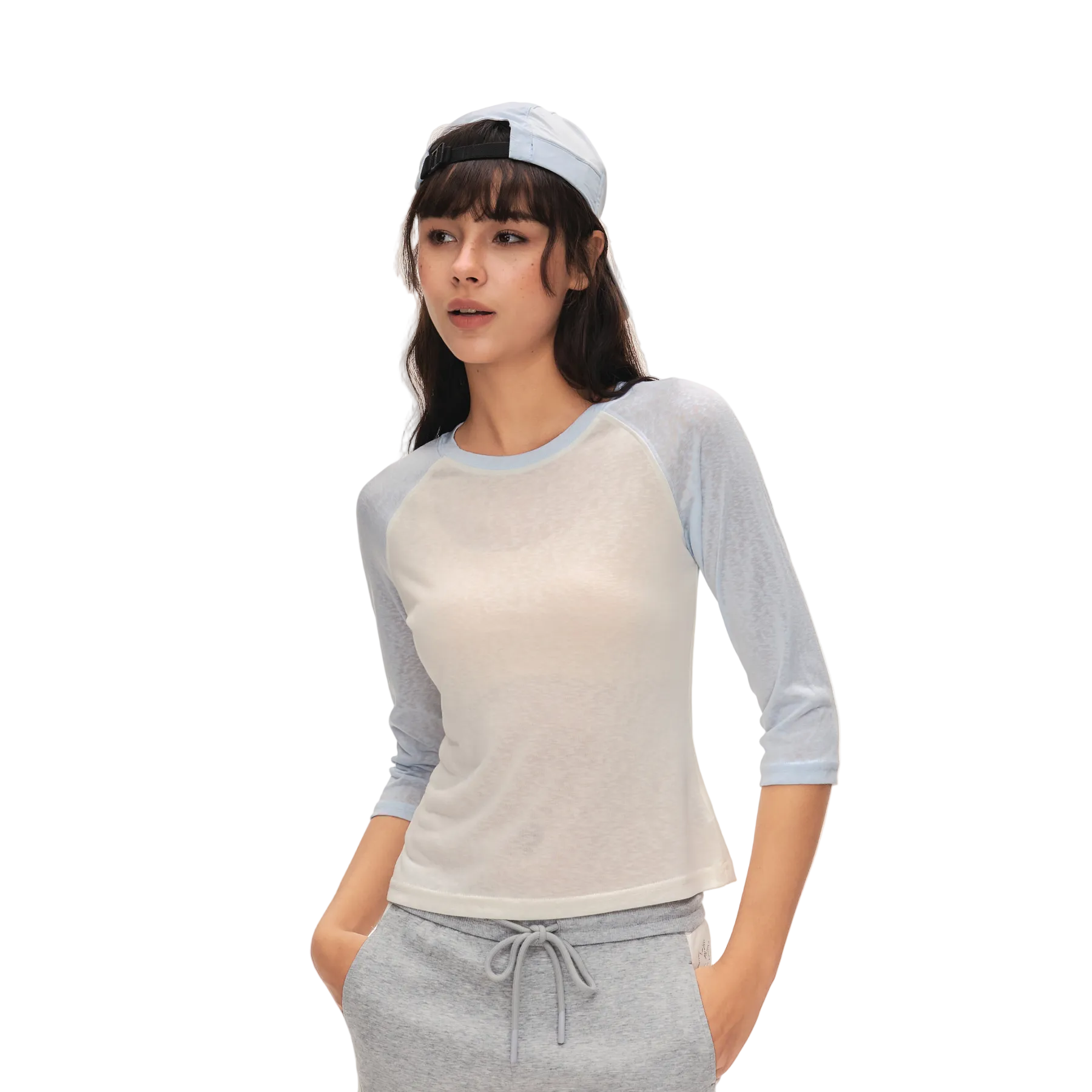 Blue Lyocell Color Block Three-Quarter Sleeve T-Shirt