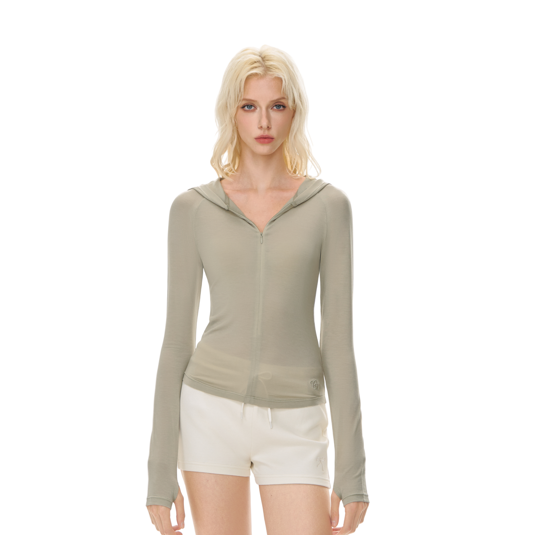 Gray-green Tencel Hooded Zip-up Slim-fit Long Sleeves
