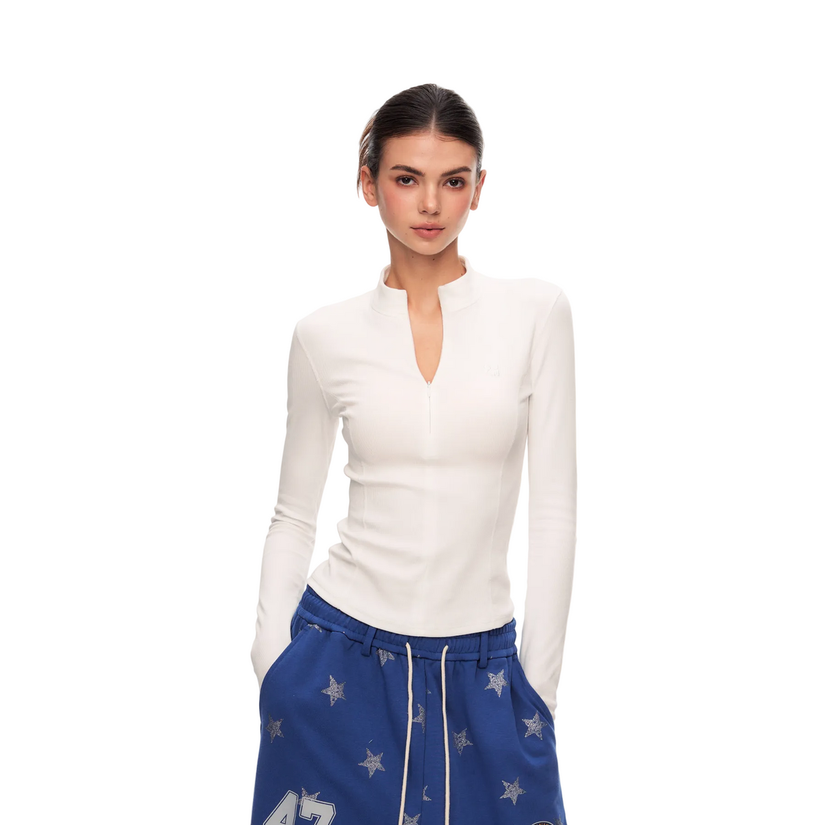 White Stand Collar Slim Fit Base Layer Long Sleeve 