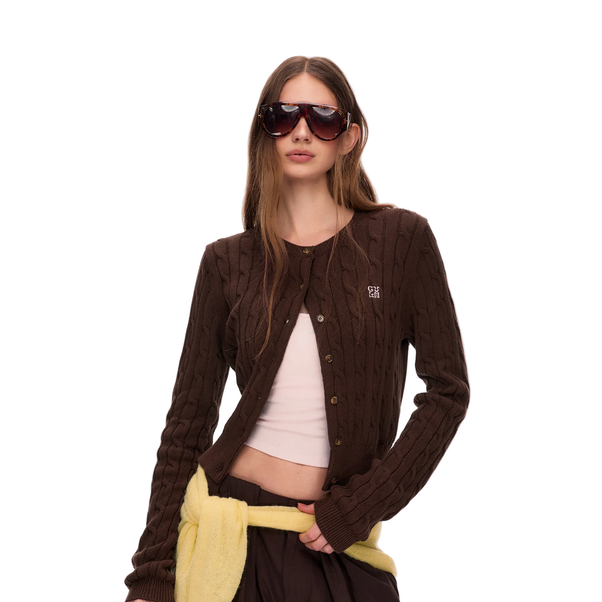 Brown 3D Cable Knit Linen Cardigan
