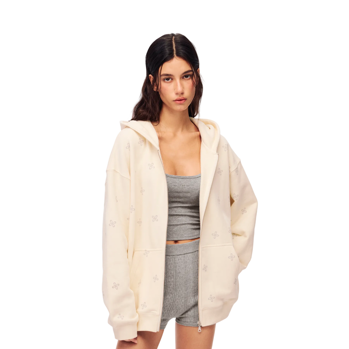 Beige Cross Print All-Over Zip-Up Hooded Sweatshirt