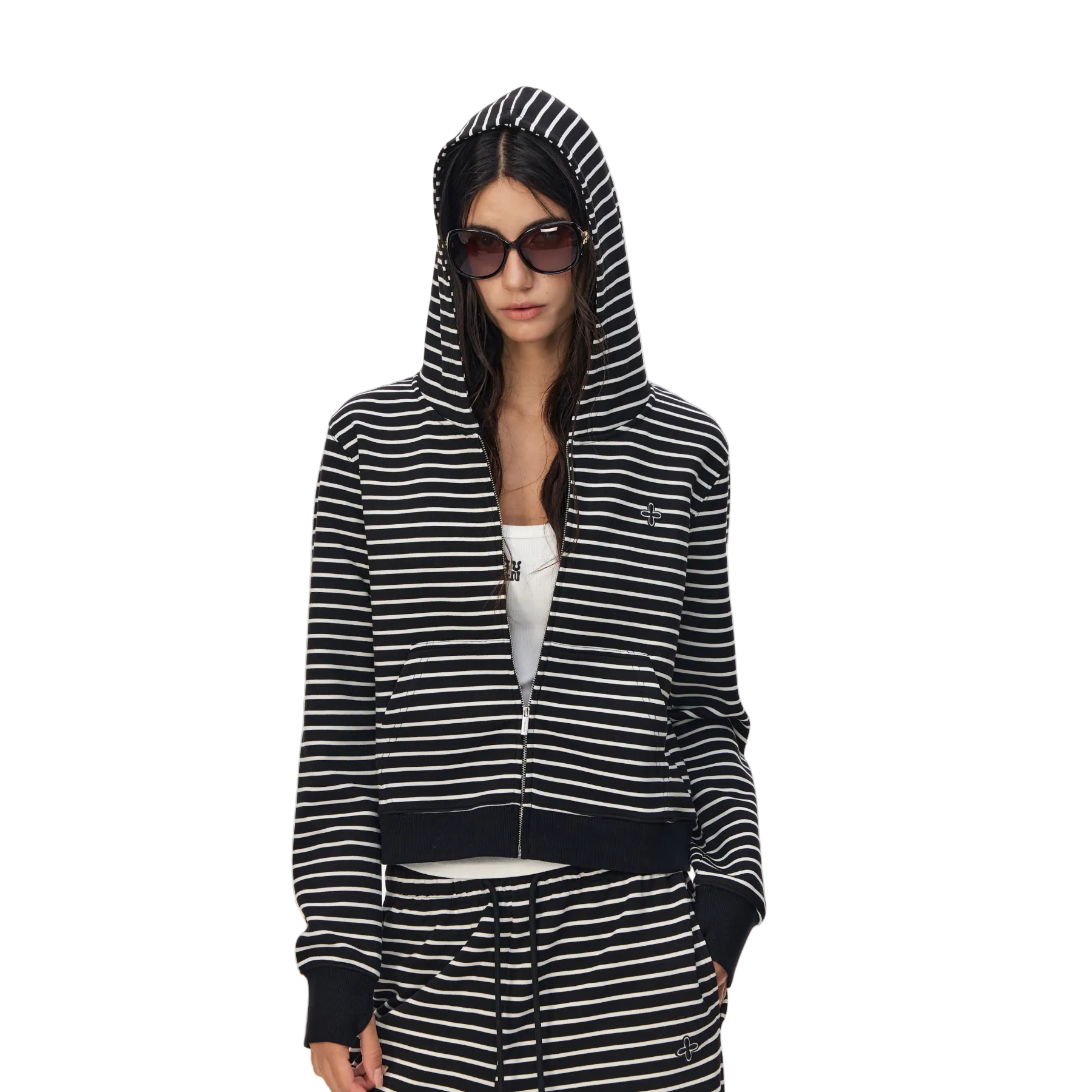 Black and White Striped Cross-Pattern Airy Hooded Zip-Up Sweatshirt