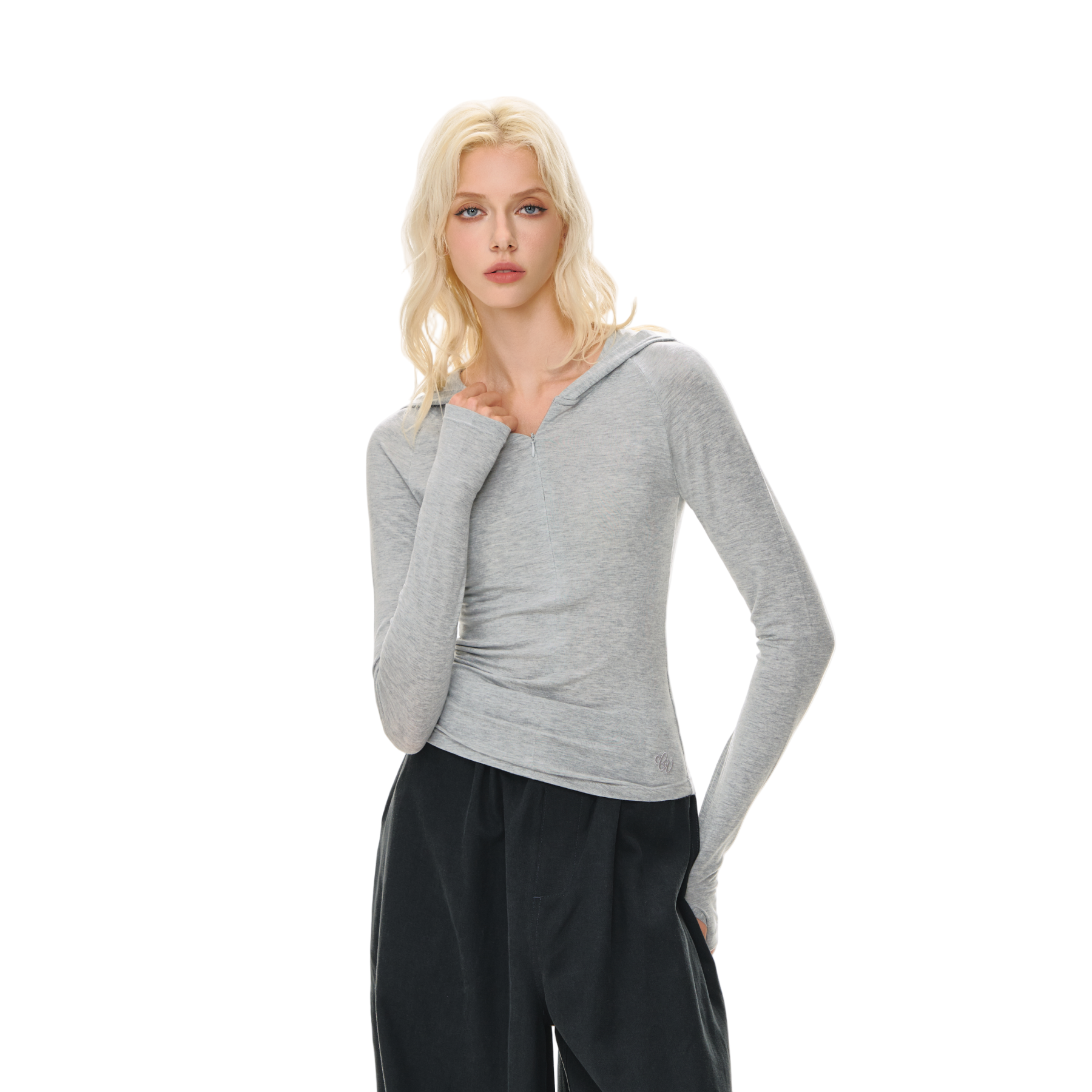 Light Grey Tencel Hooded Zip-up Slim-fit Long Sleeves