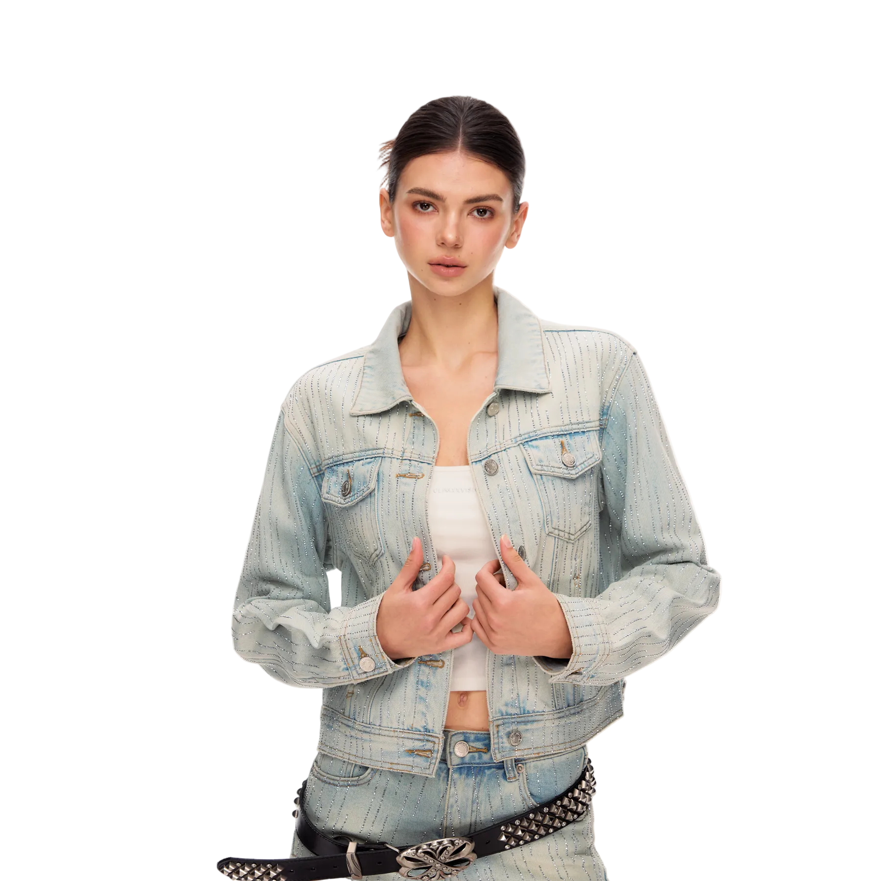 Blue Stellar Rhinestone Washed Denim Jacket