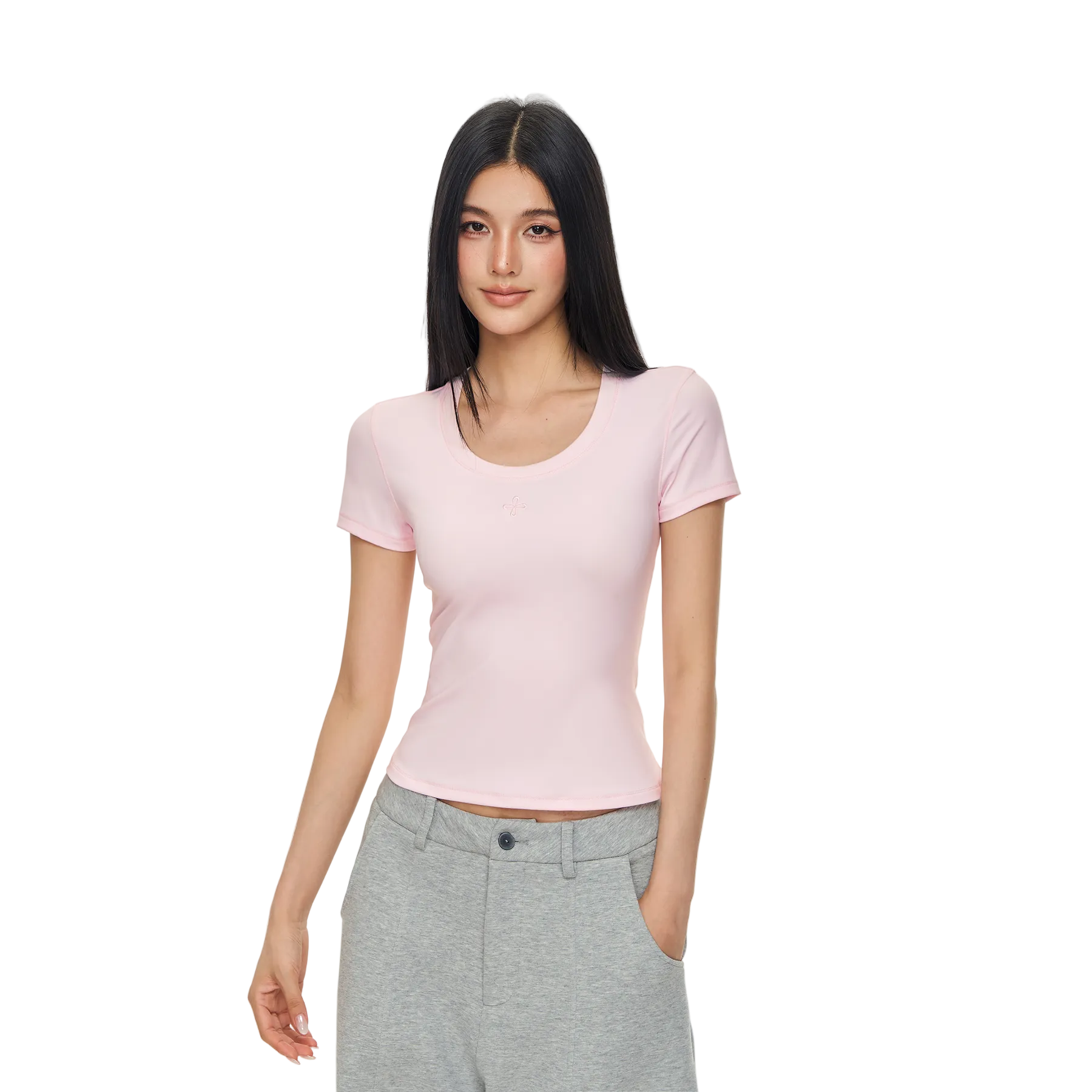 Pink Cross Shaped U-Neck Short-Sleeve T-Shirt