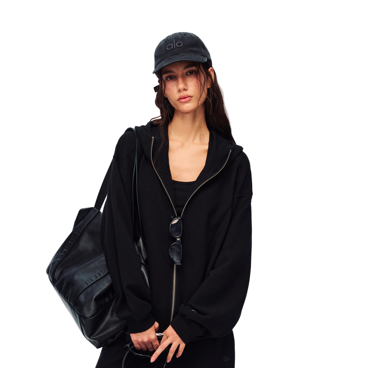 Black Relaxed Waffle Knit Suit Hoodie