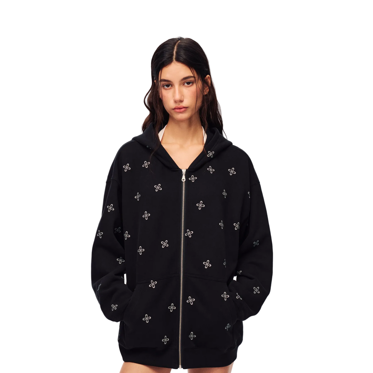 Black Cross Print Zip-Up Hooded Sweatshirt