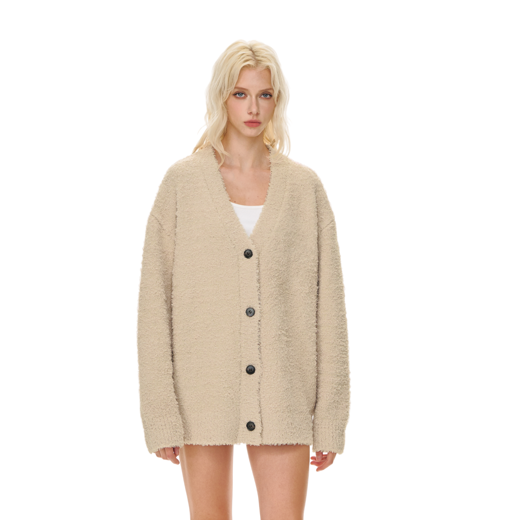Curly Plush Special Yarn Horn Button Lazy Sweater Jacket In Khaki