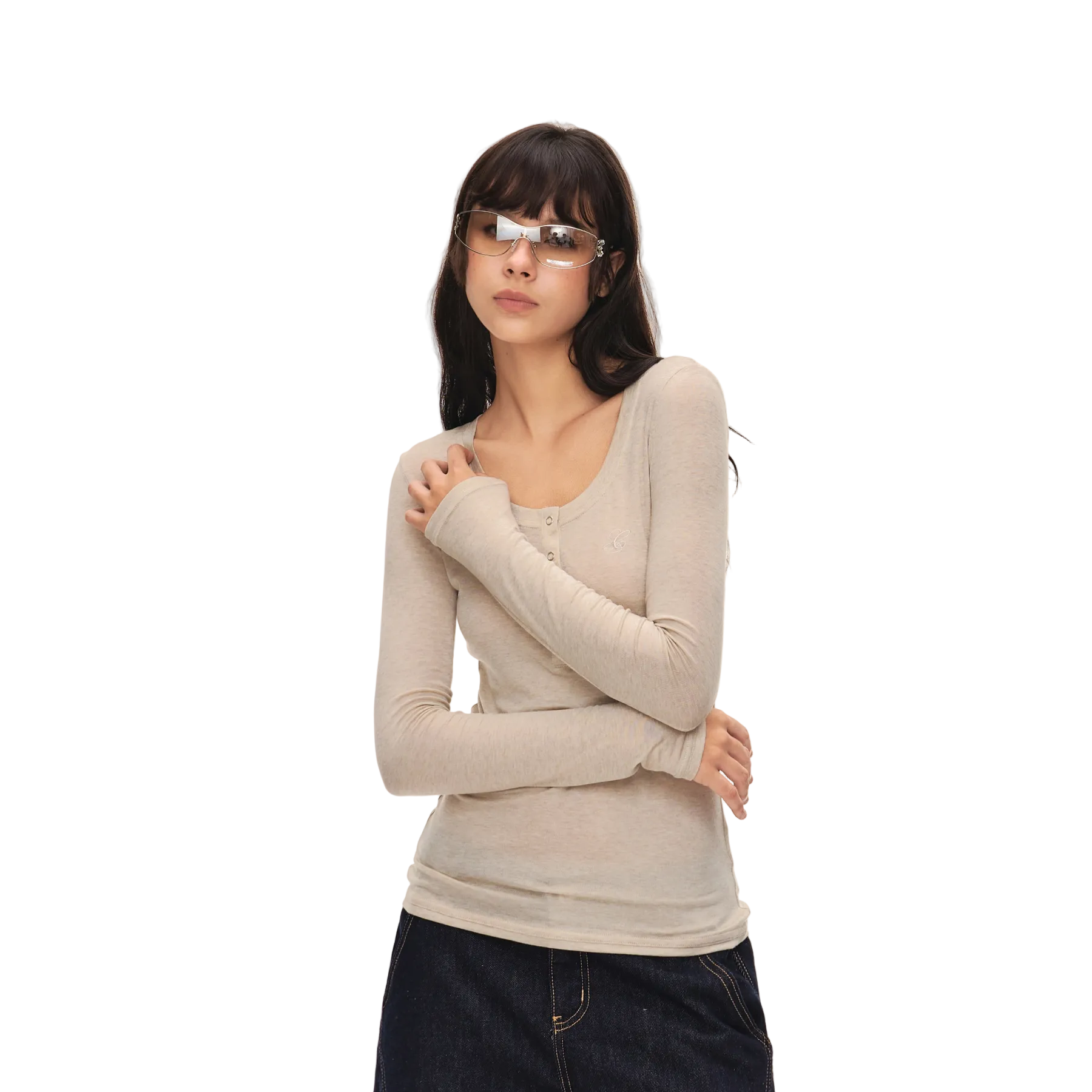 Oatmeal-colored Tencel Wool Henley Collar Long-Sleeve T-Shirt