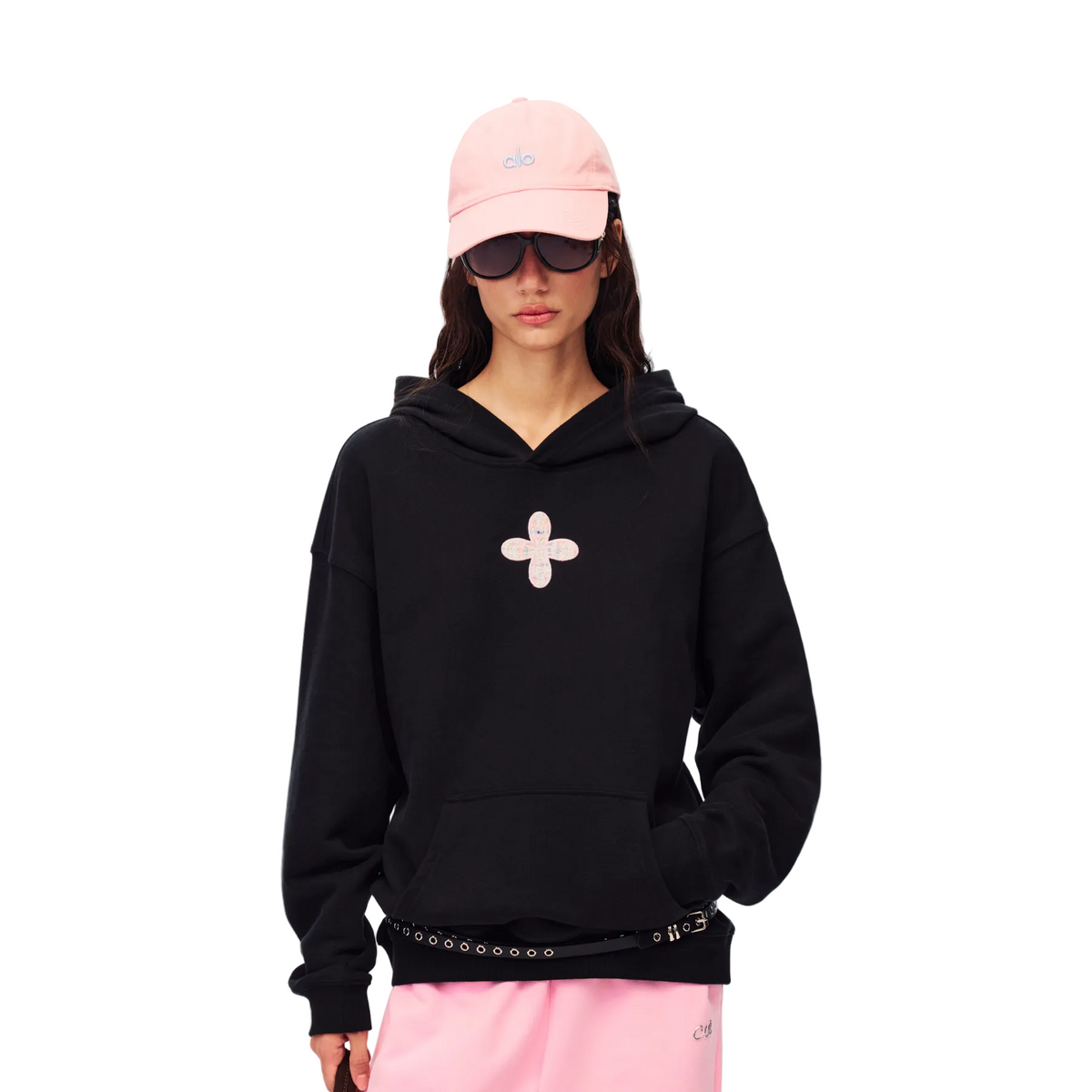 Black Chanel-style Cross Embroidered Hooded Sweatshirt