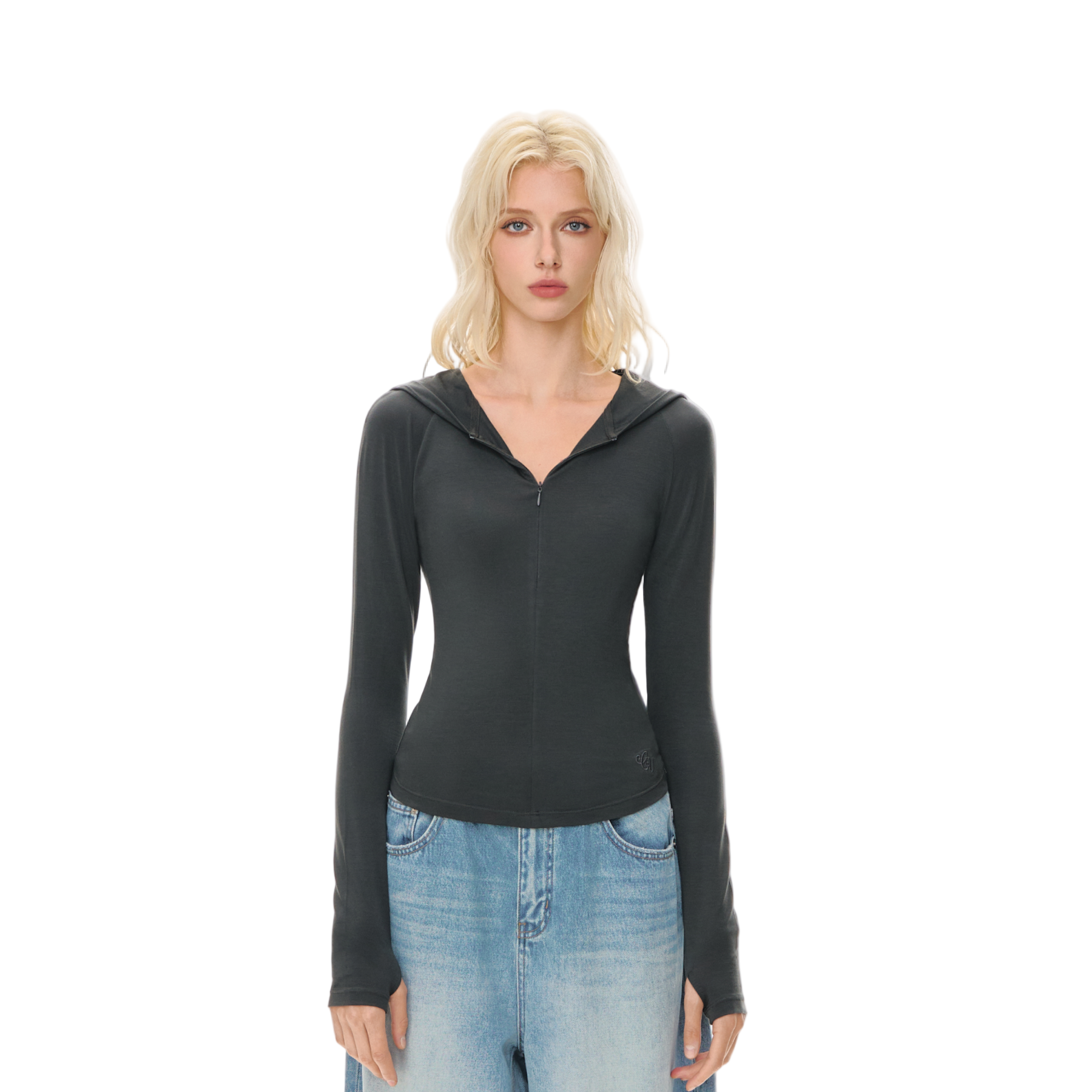 Dark Grey Tencel Hooded Zip-up Slim-fit Long Sleeves