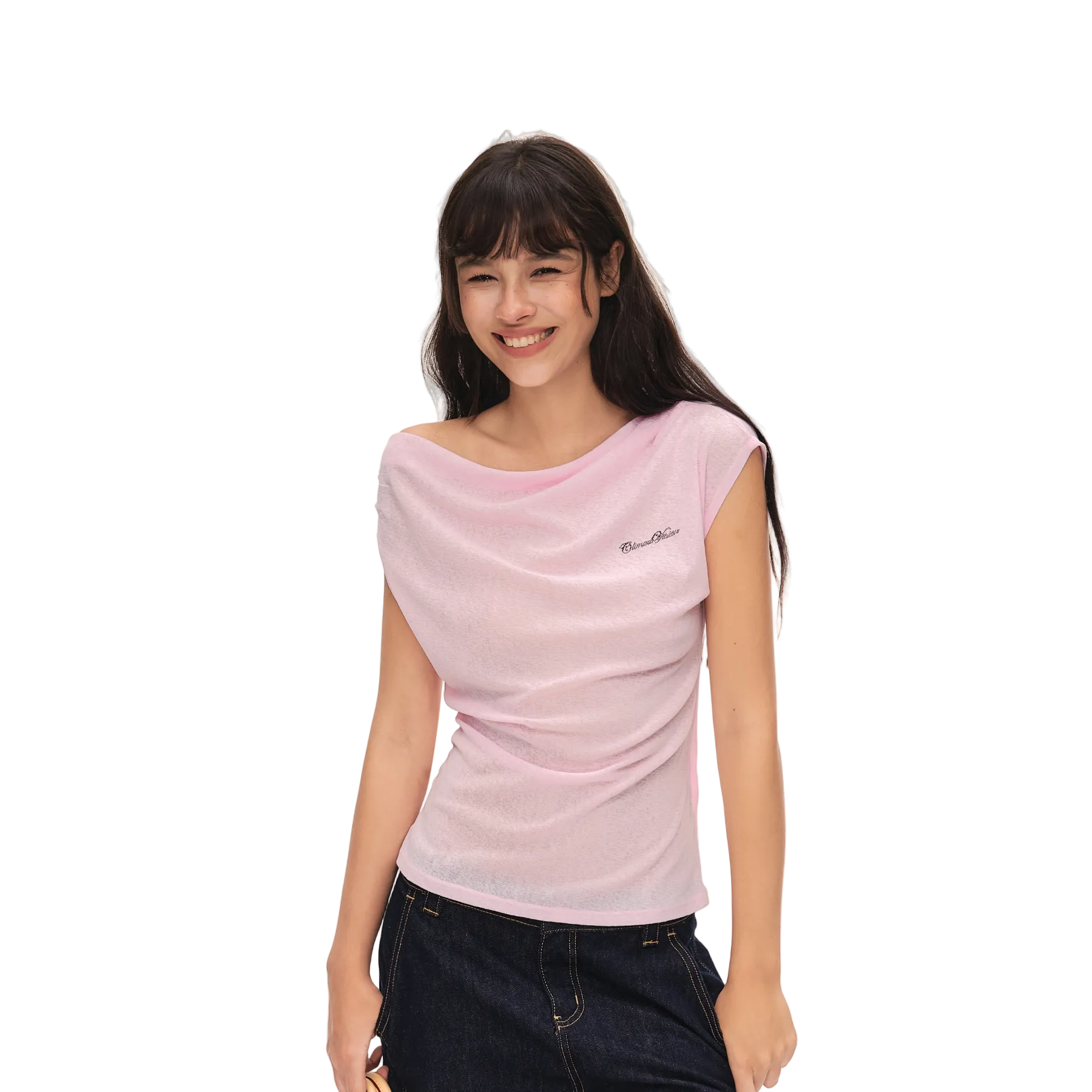 Pink Asymmetrical Duffle Collar Off-Shoulder Short-Sleeve T-Shirt
