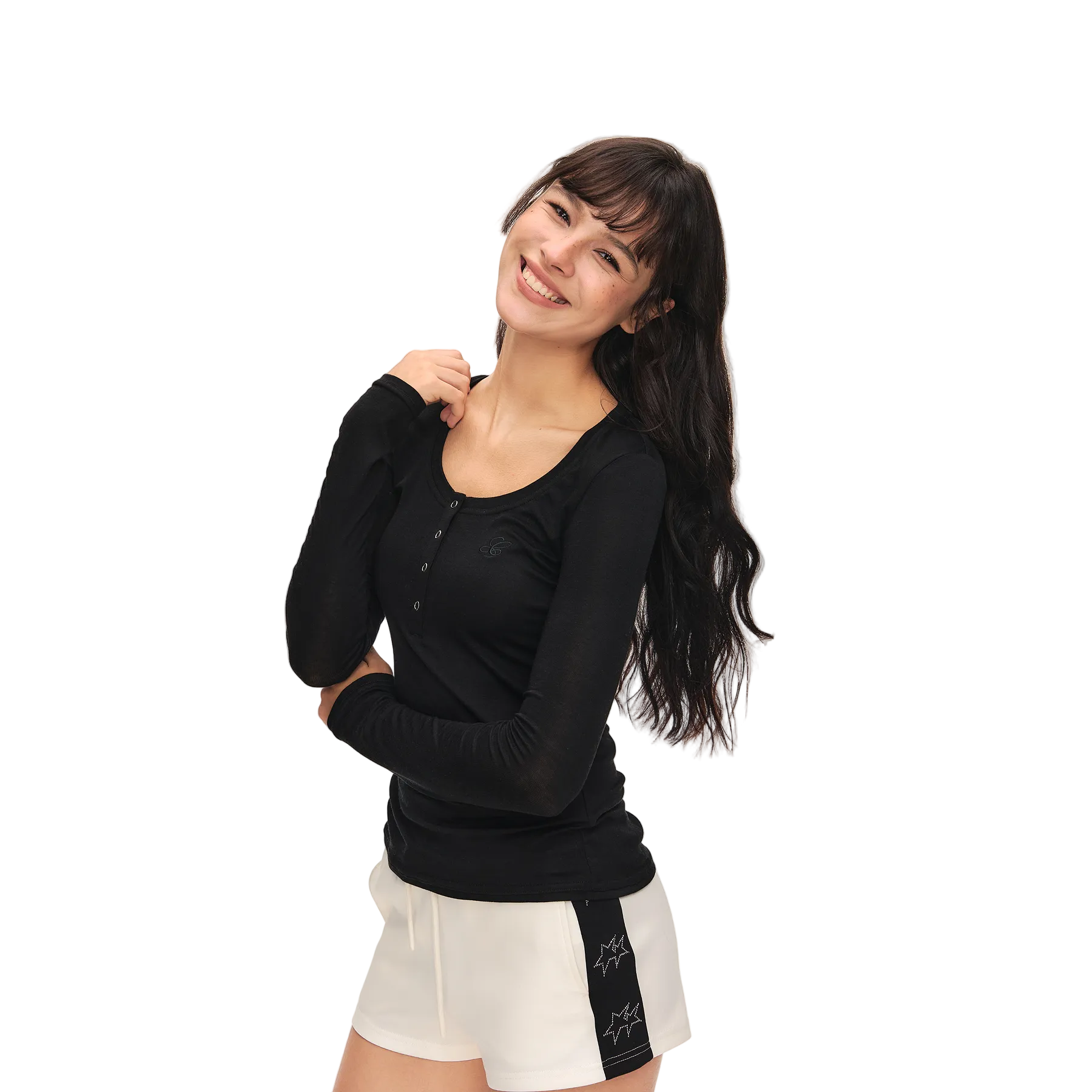 Black Tencel Wool Henley Collar Long-Sleeve T-Shirt