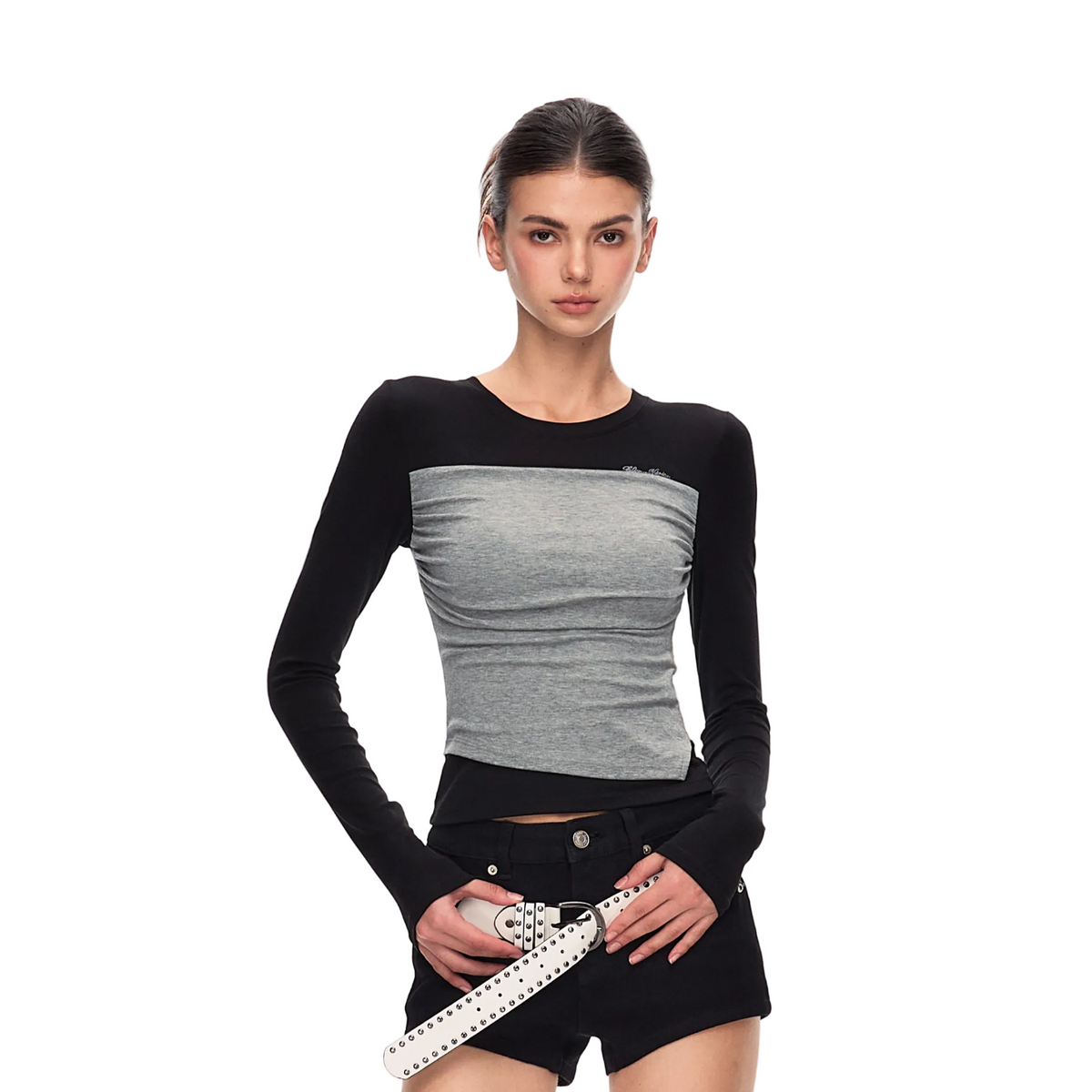 Black and Gray Color Block Tencel Faux Two-Piece Long-Sleeve T-Shirt