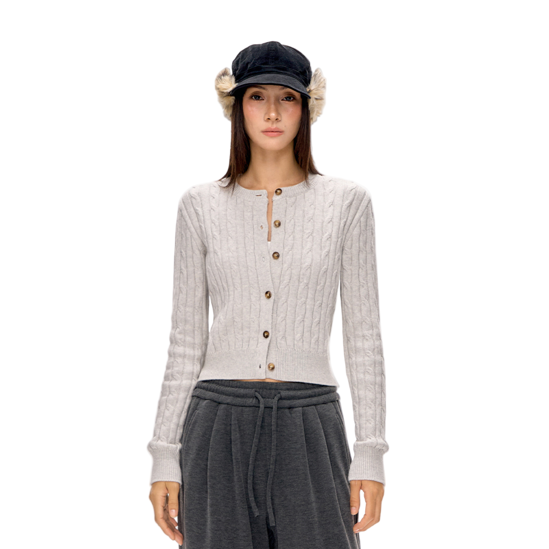 Light Grey Retro Cable Knit Soft Classic Round Neck Knit Cardigan