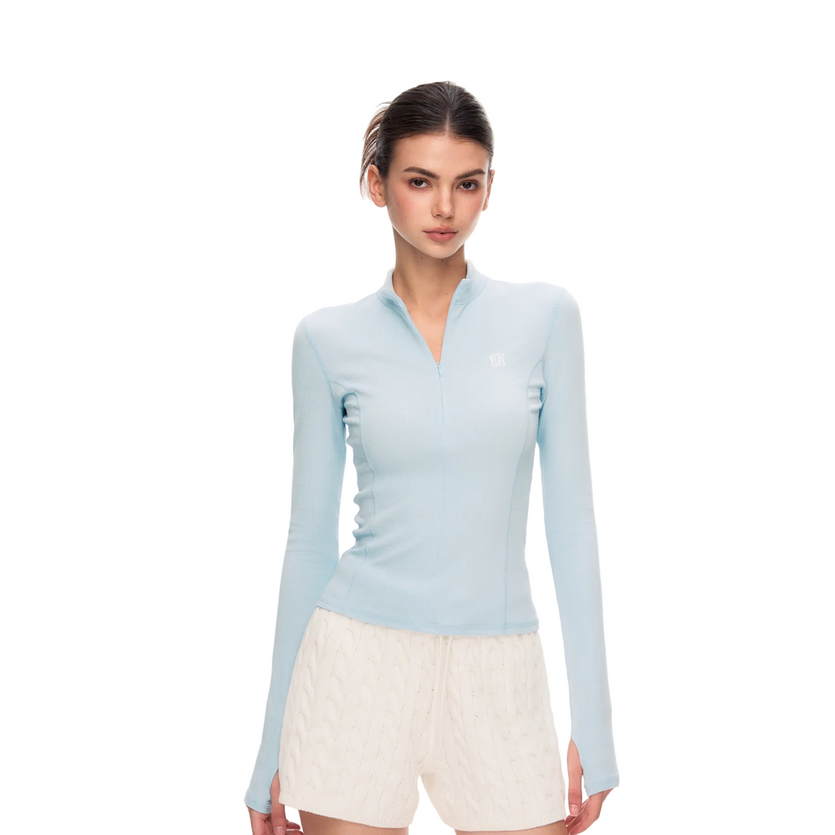 Blue Stand Collar Slim Fit Base Layer Long Sleeve