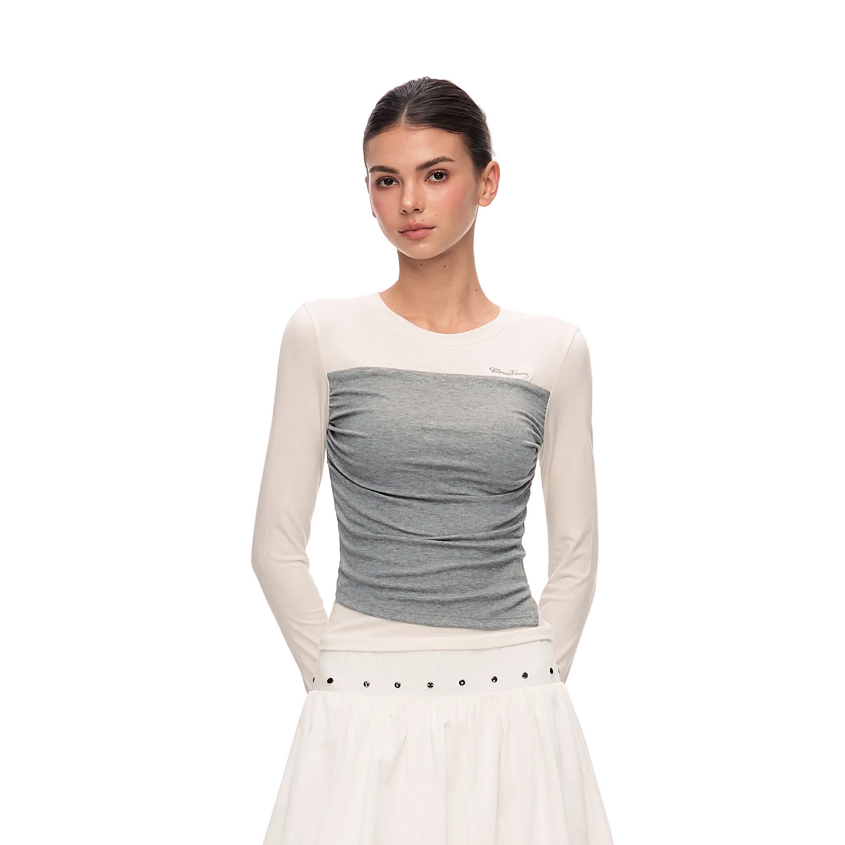 White and Gray Color Block Tencel Faux Two-Piece Long-Sleeve T-Shirt