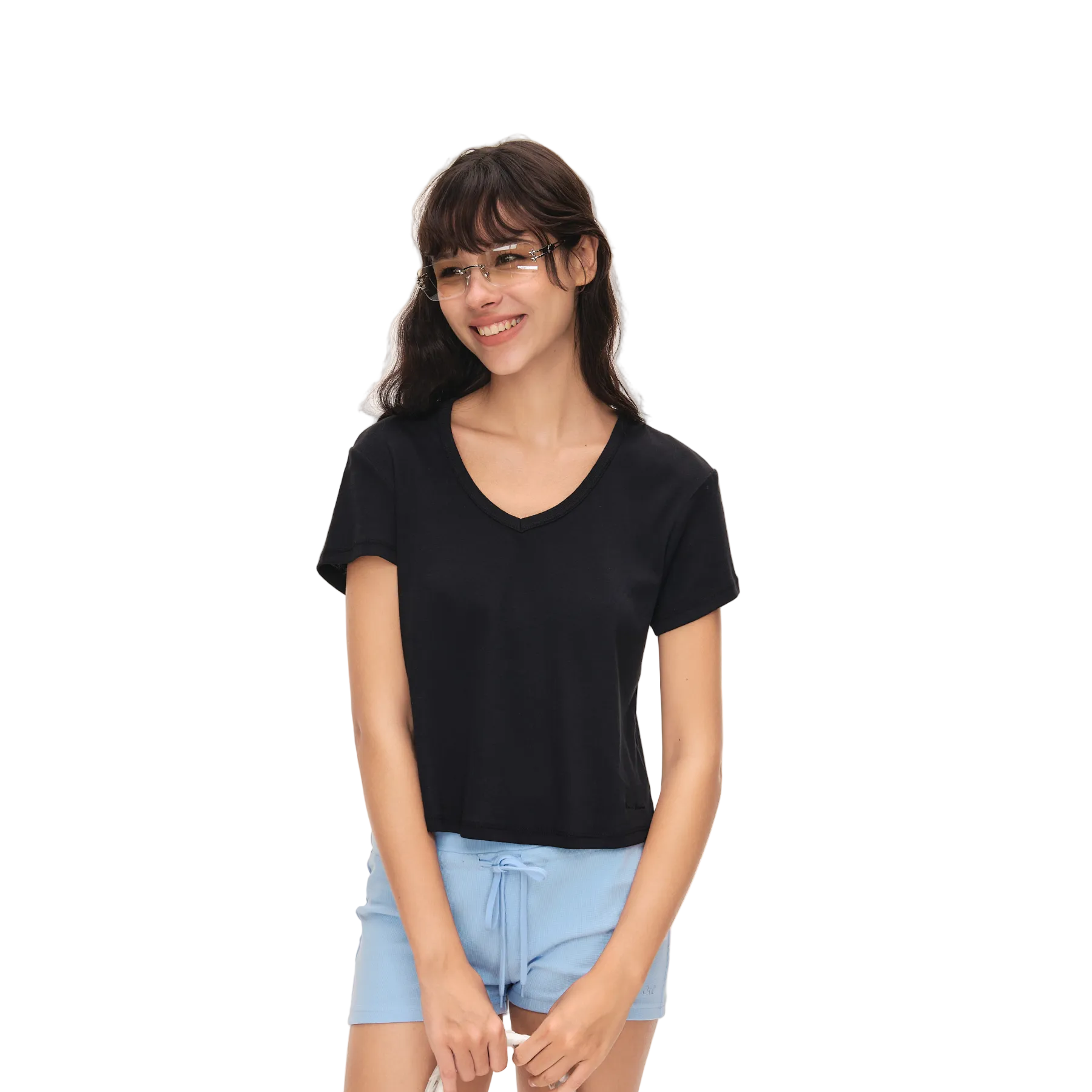 Black Linen-Cotton Blend V-Neck Short-Sleeve T-Shirt