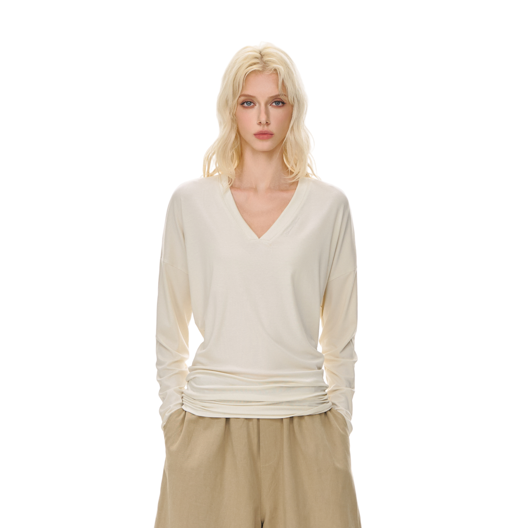 White Lyocell Tencel V-neck Lazy Stacked Slim Long Sleeve