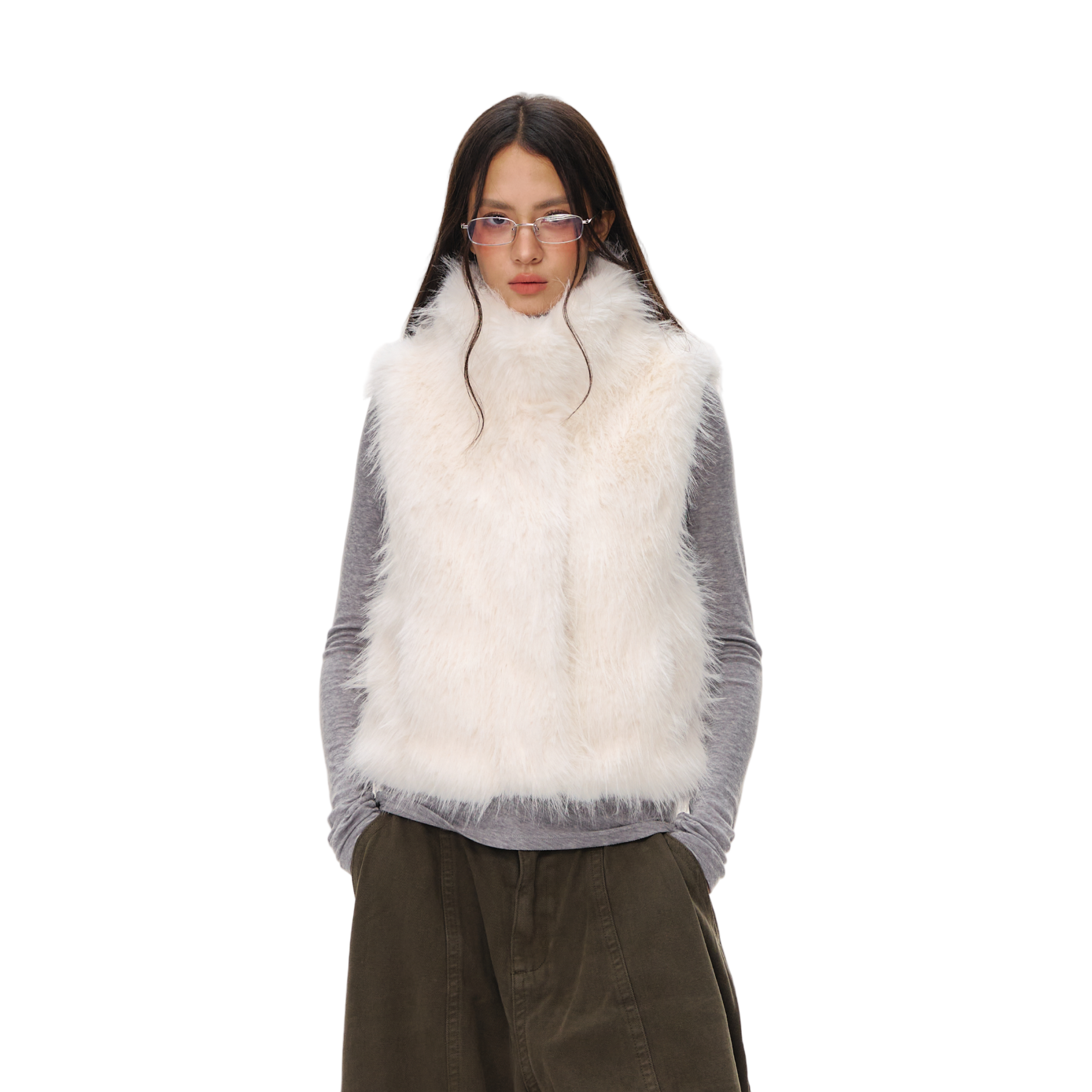 White Eco-friendly Faux Fox Fur Stand Collar Vest