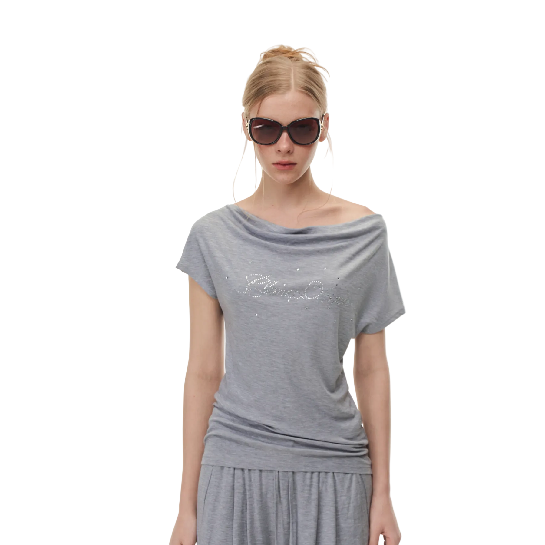 Grey Lyocell Duffle Collar Off-Shoulder Short Sleeve