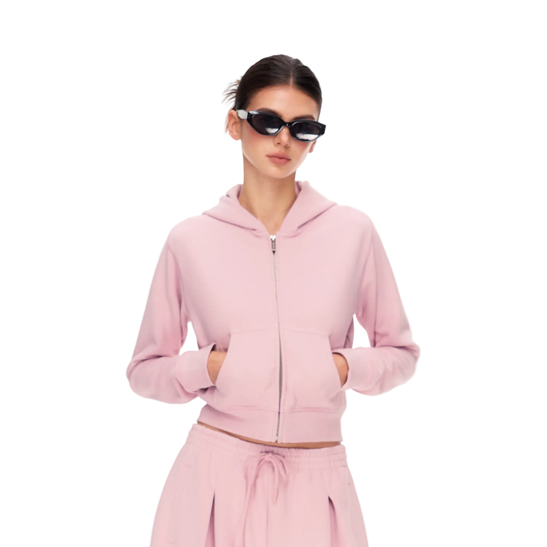 Pink Lazy Waffle Knit Set Short Hoodie