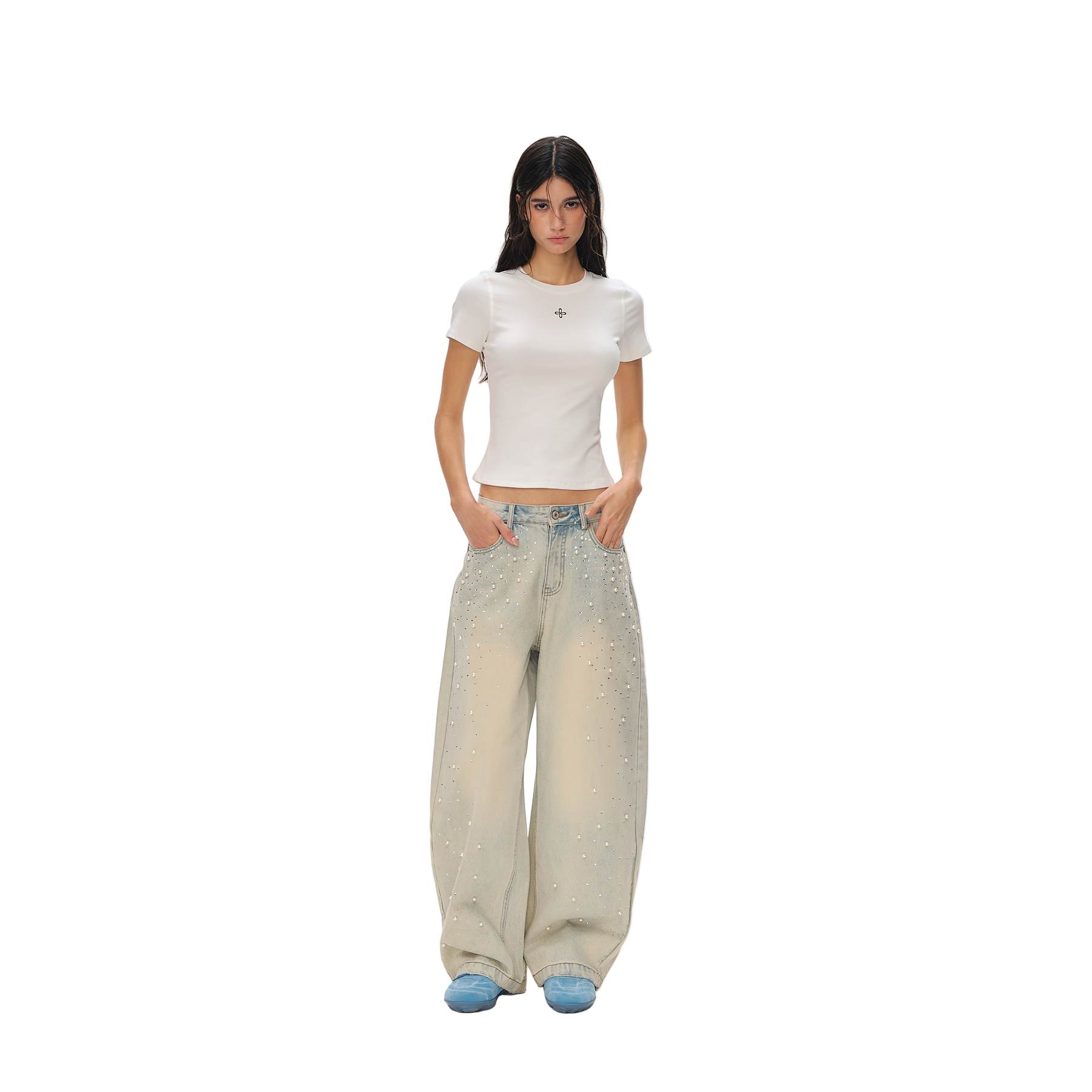 Light Blue Rhinestone And Pearl Flare Jeans